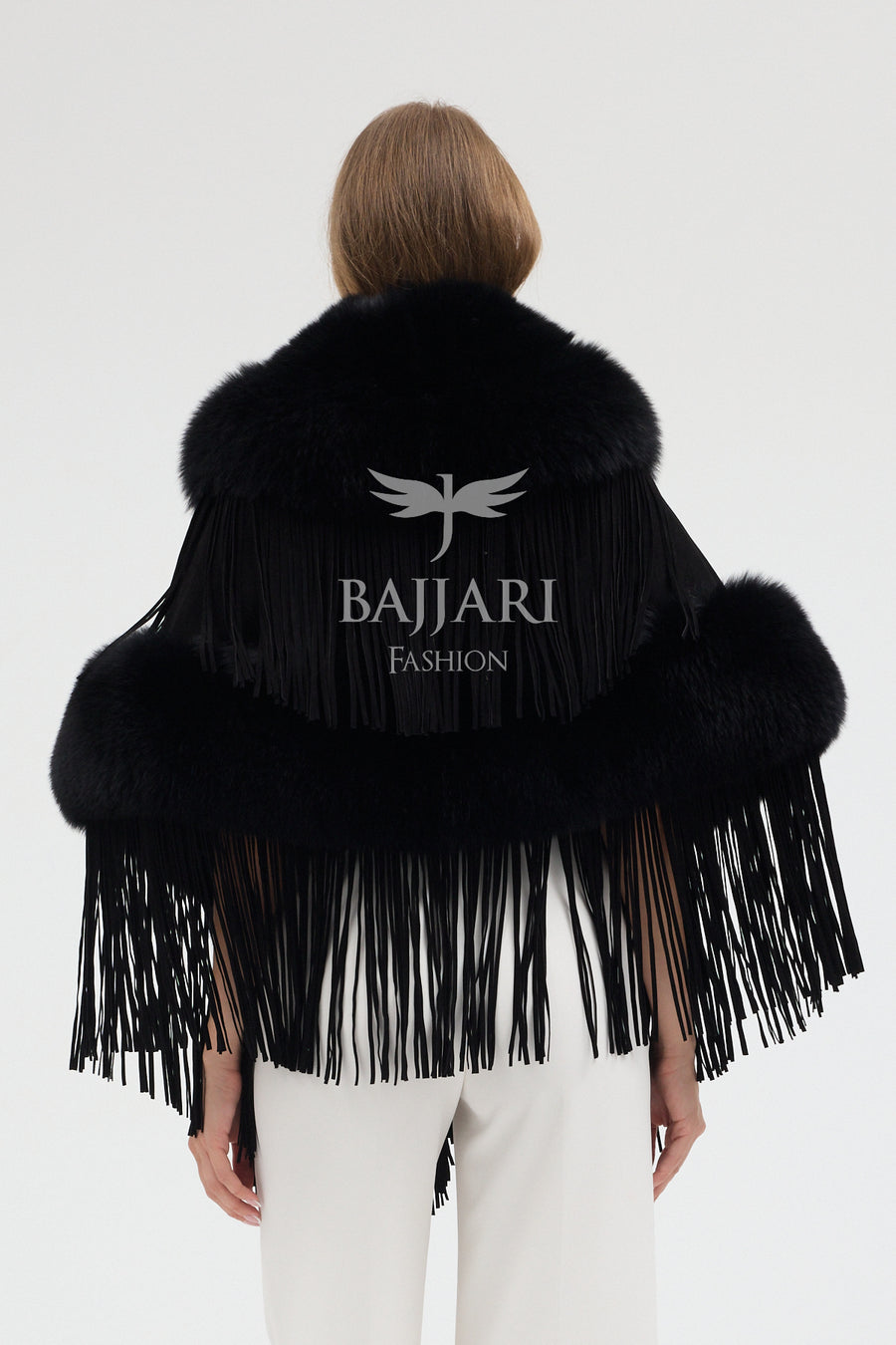 Black Suede Fabric Real Fox Fur Embellished Tassel Cape Shawl