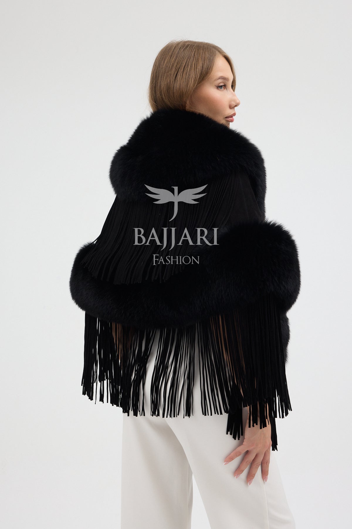 Black Cashmere Real Fox Fur Embellished Tassel Cape Shawl