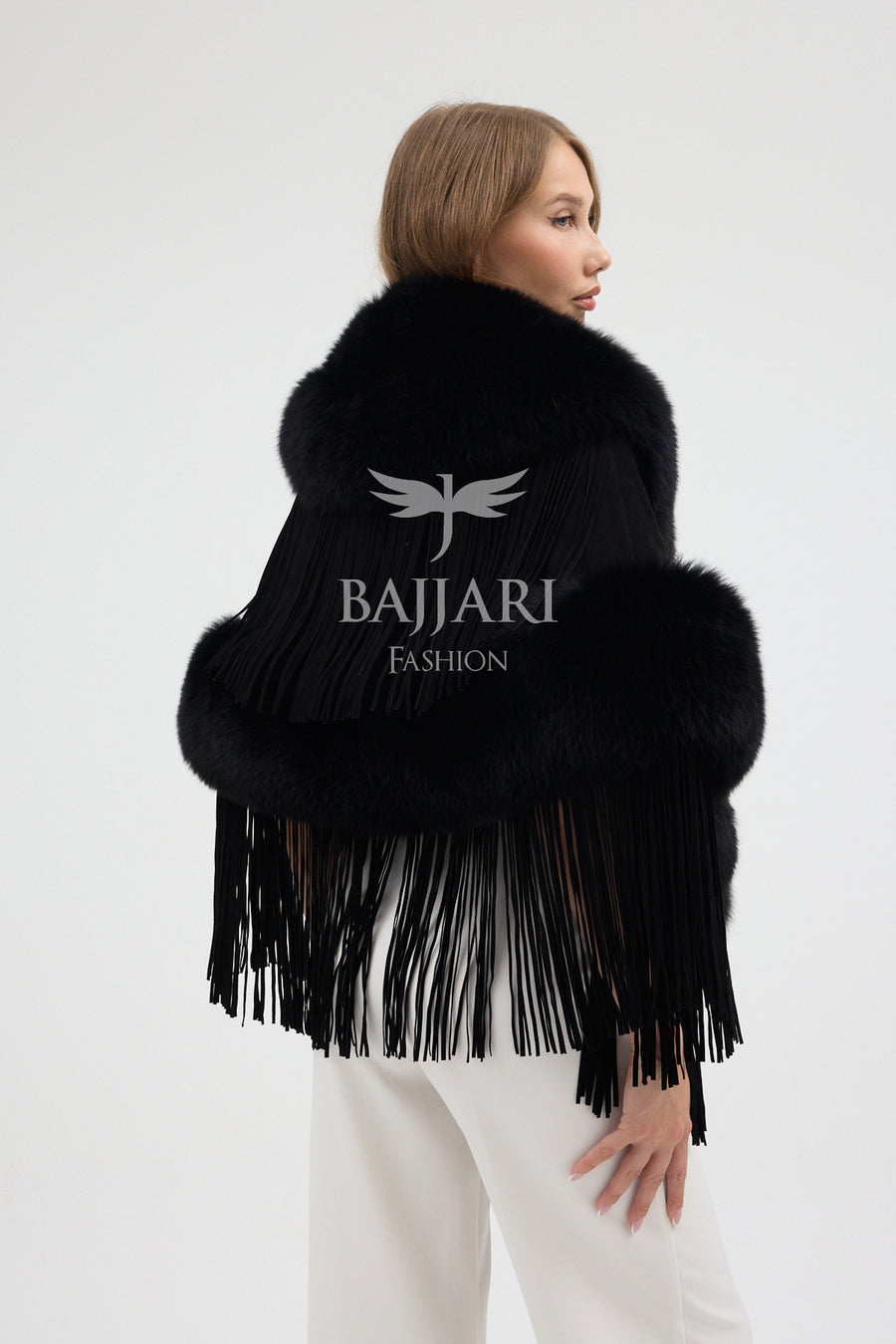 Black Suede Fabric Real Fox Fur Embellished Tassel Cape Shawl