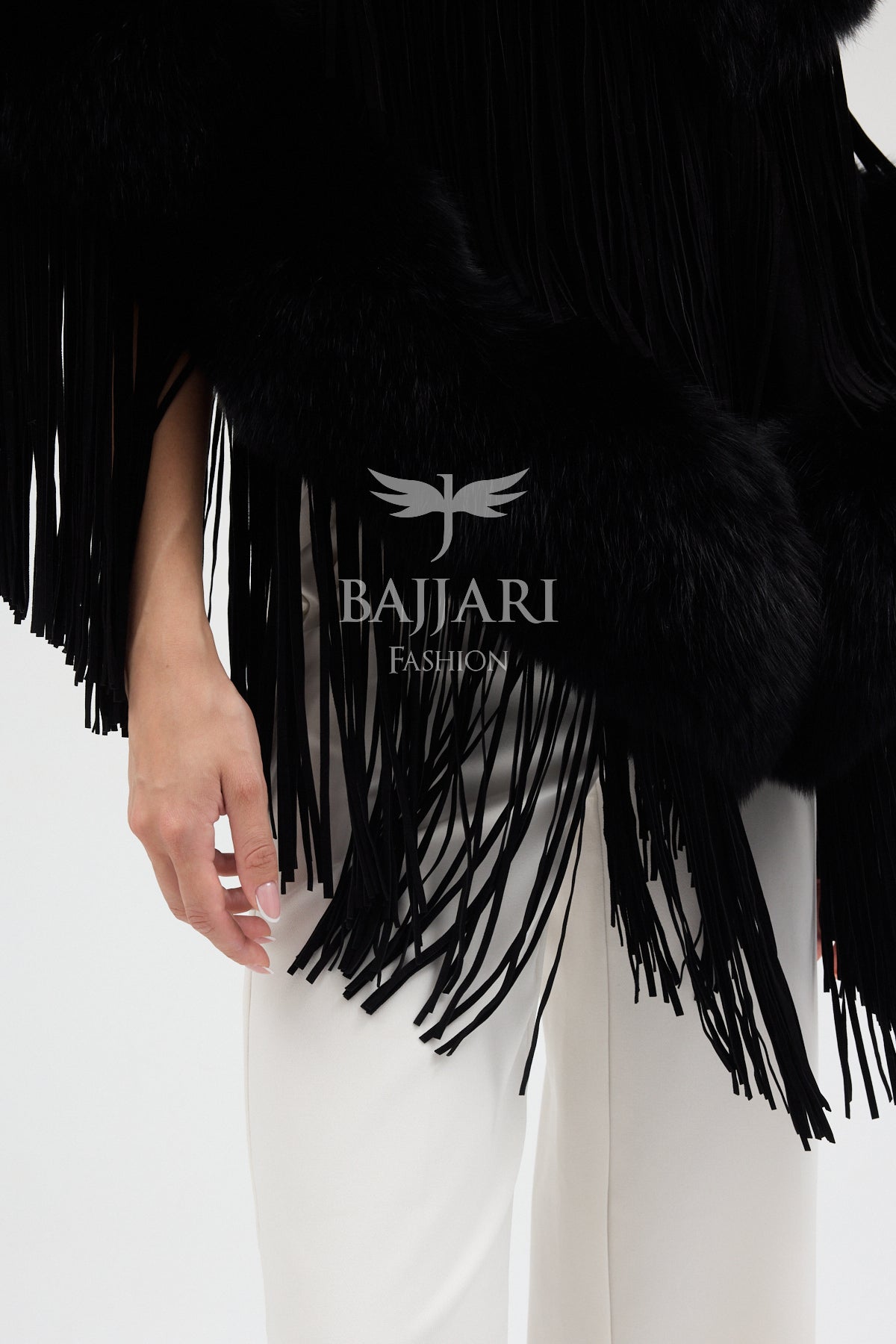Black Cashmere Real Fox Fur Embellished Tassel Cape Shawl
