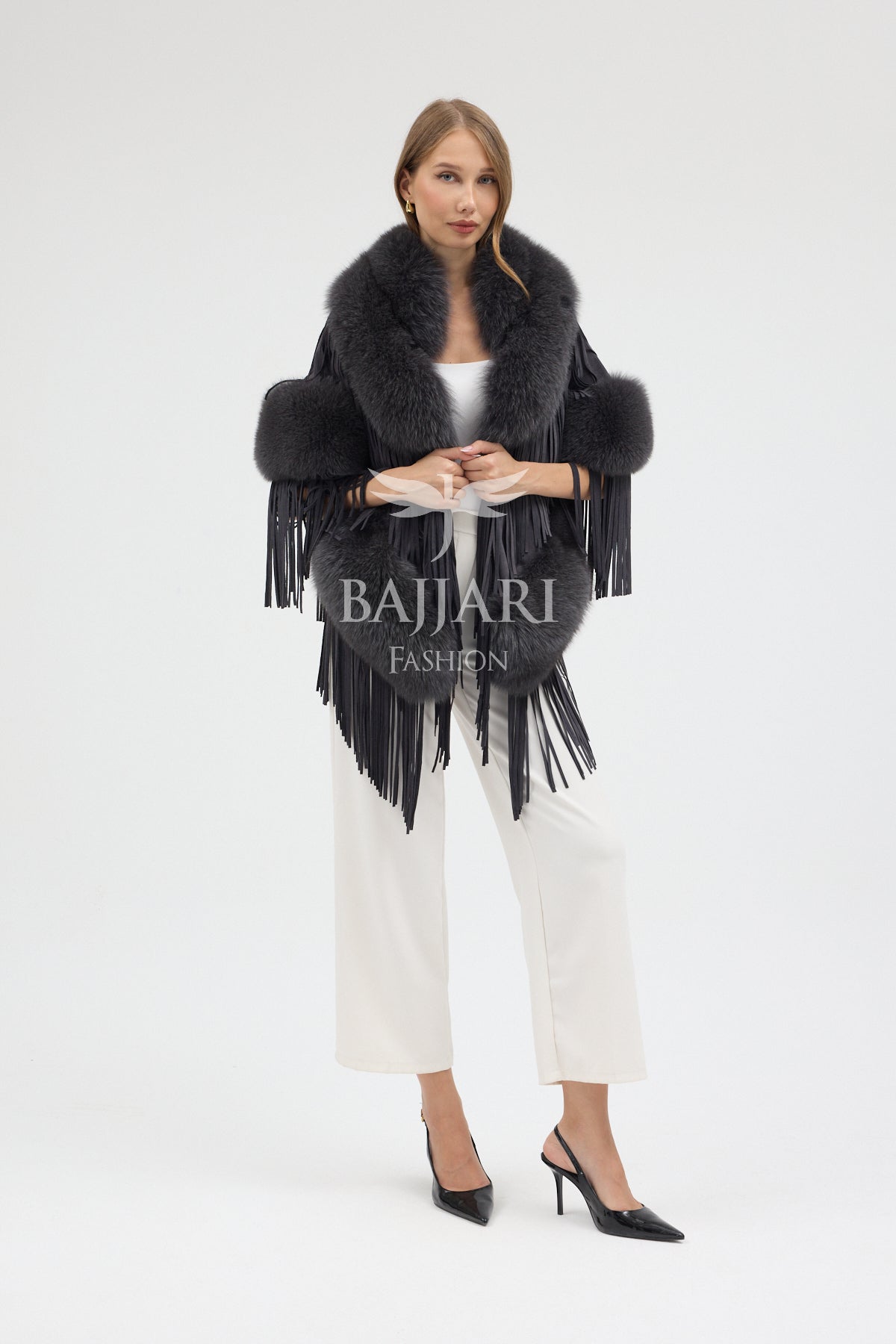 Cashmere Real Fox Fur Embellished Tassel Cape Shawl