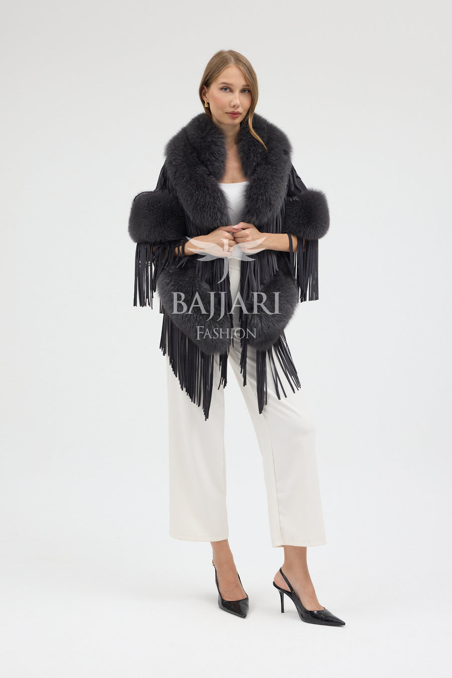 Suede Fabric Real Fox Fur Embellished Tassel Cape Shawl