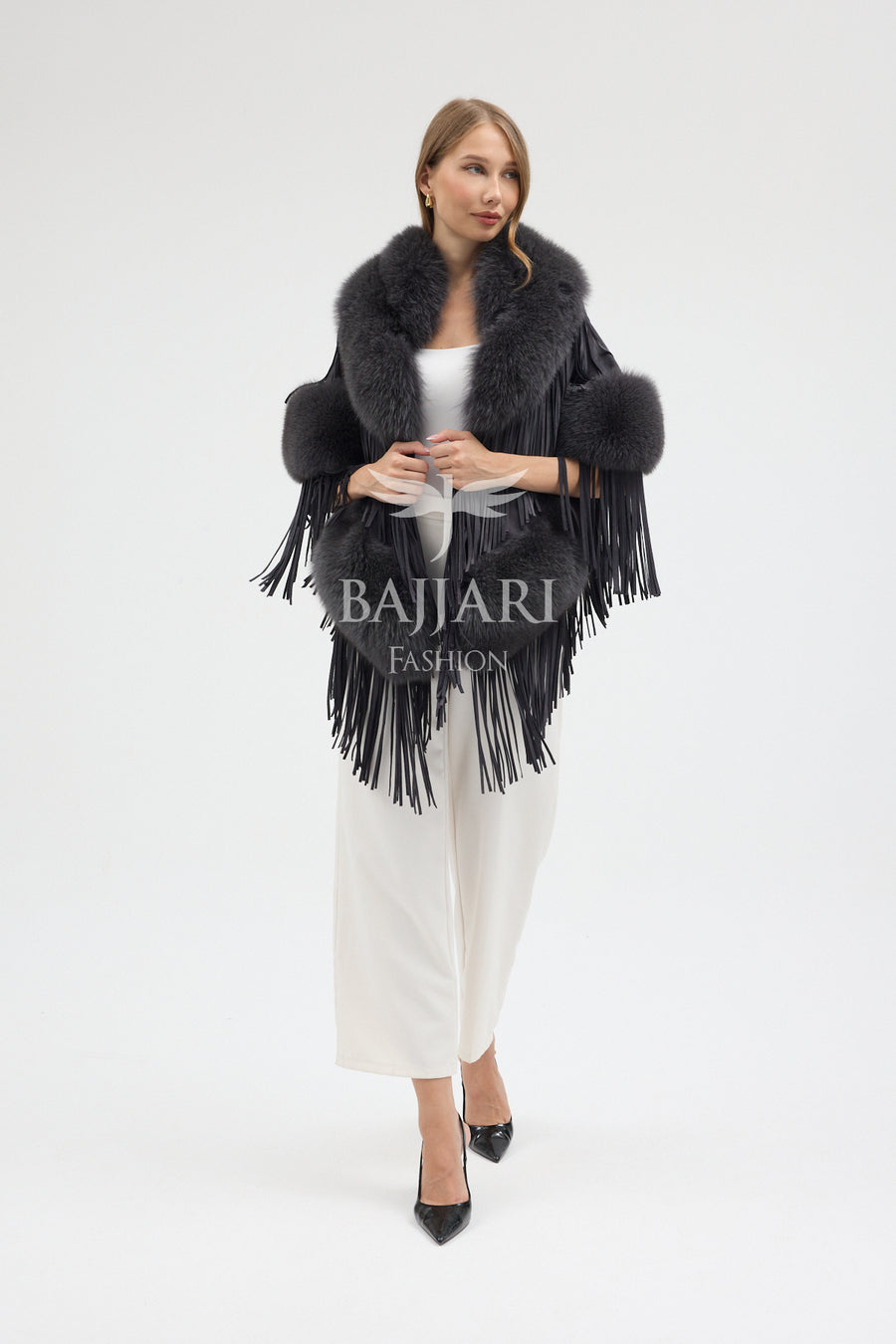 Suede Fabric Real Fox Fur Embellished Tassel Cape Shawl