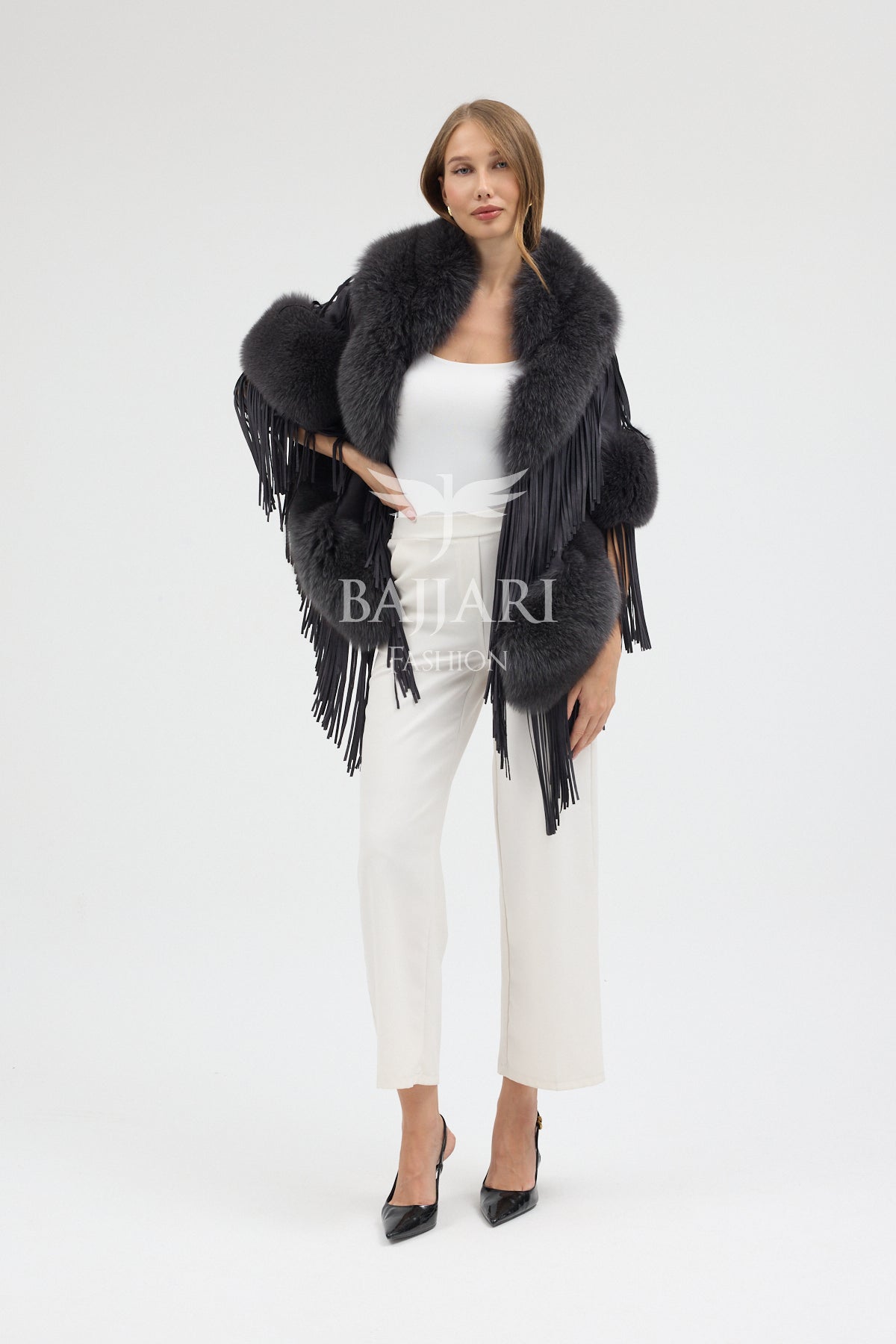 Cashmere Real Fox Fur Embellished Tassel Cape Shawl
