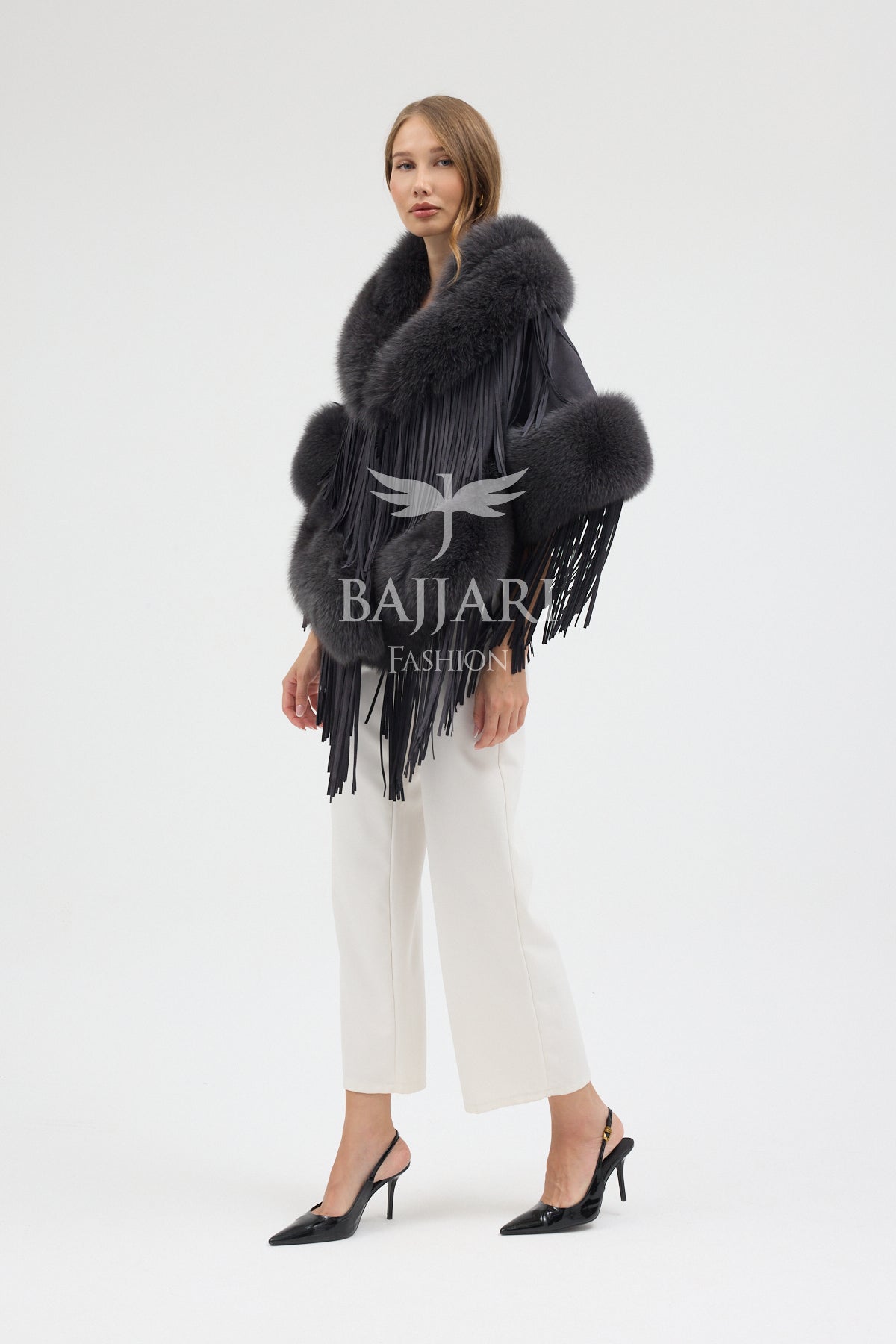 Cashmere Real Fox Fur Embellished Tassel Cape Shawl