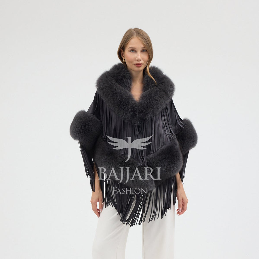 Suede Fabric Real Fox Fur Embellished Tassel Cape Shawl