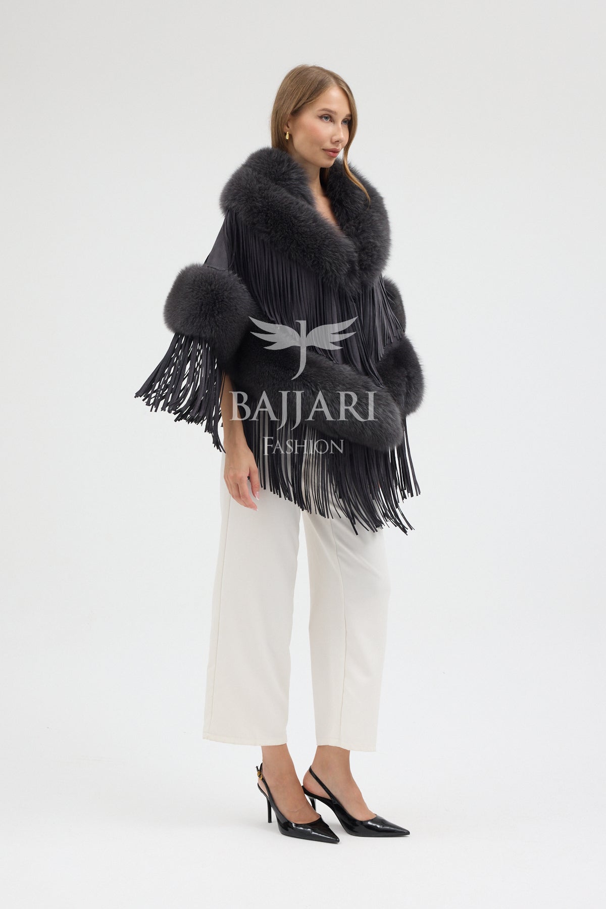 Cashmere Real Fox Fur Embellished Tassel Cape Shawl