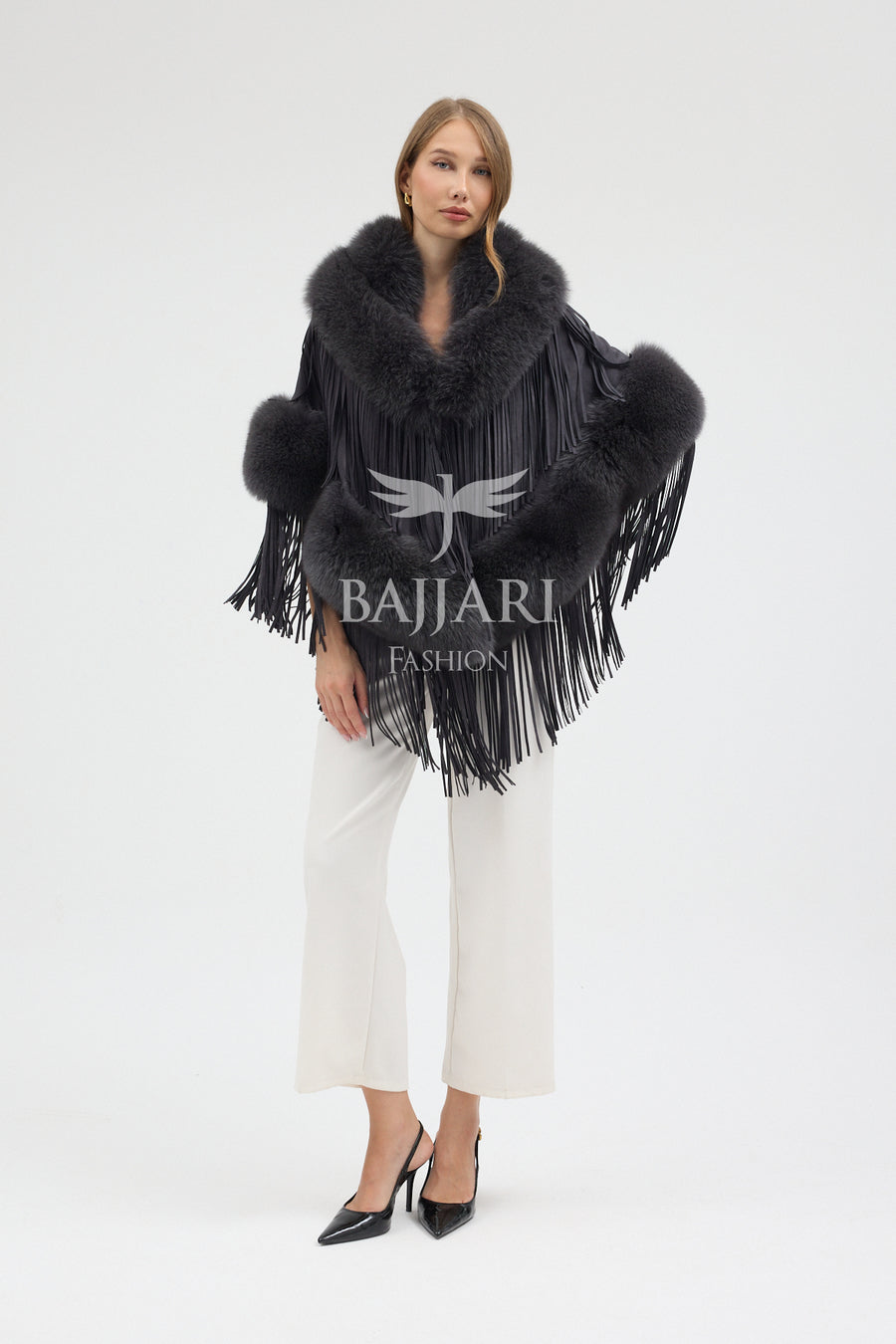 Suede Fabric Real Fox Fur Embellished Tassel Cape Shawl