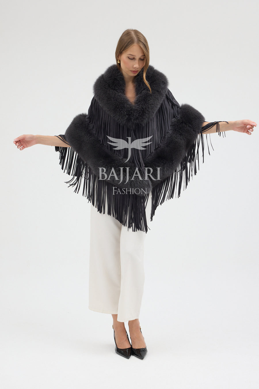 Suede Fabric Real Fox Fur Embellished Tassel Cape Shawl