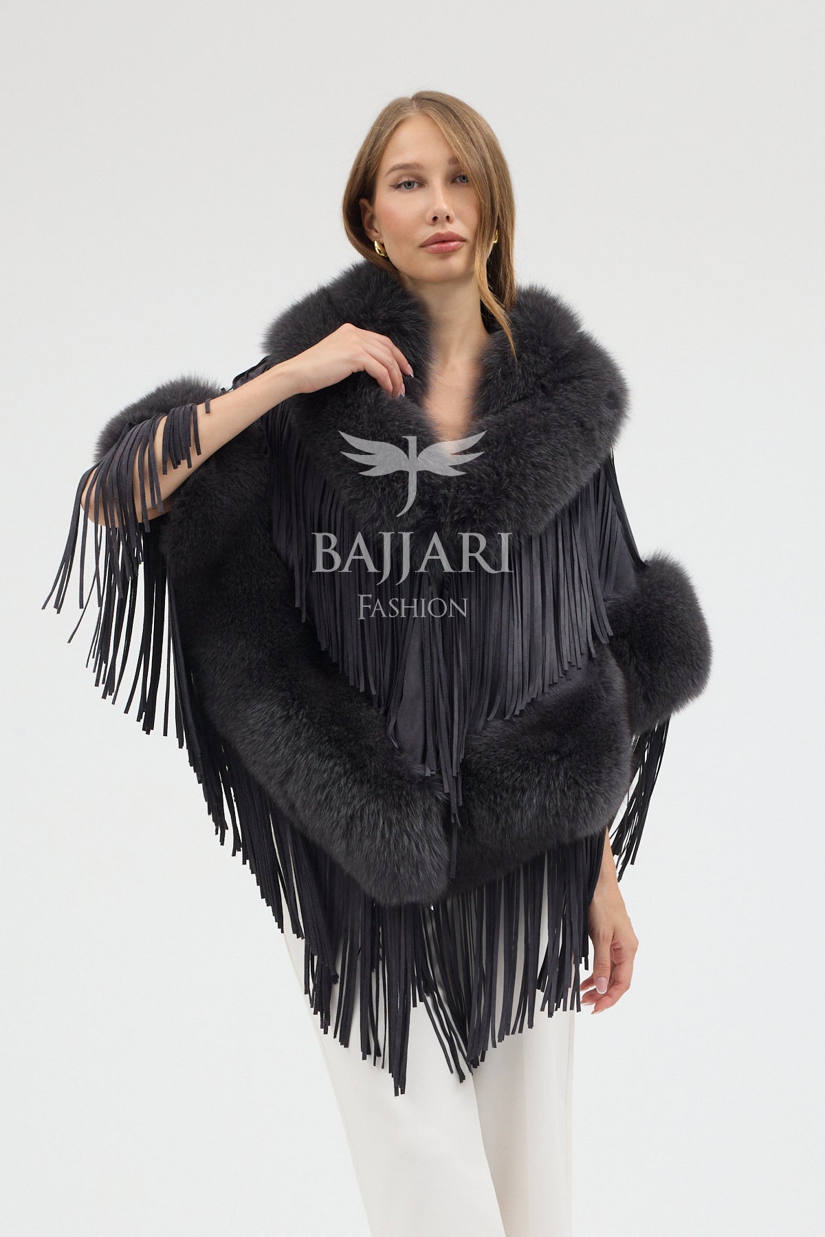 Cashmere Real Fox Fur Embellished Tassel Cape Shawl