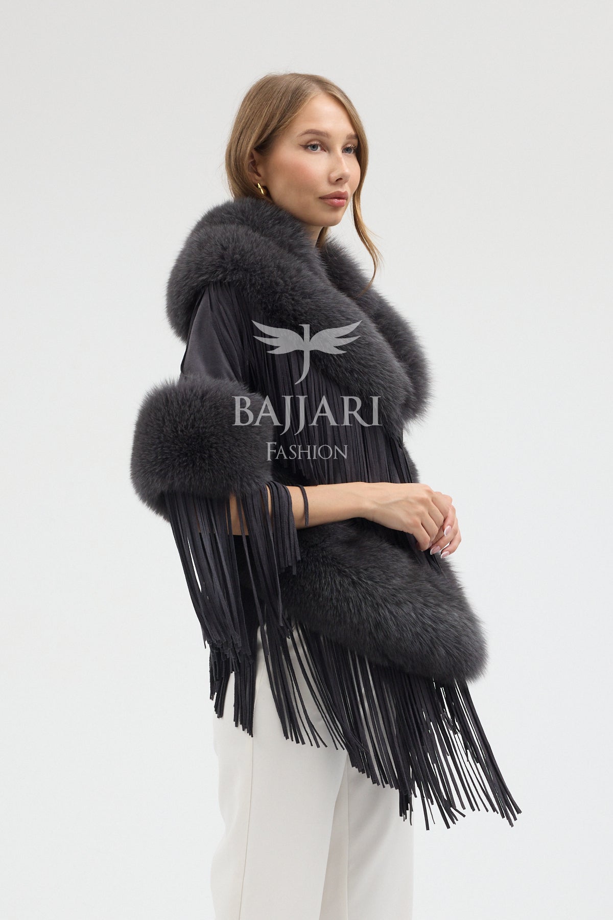 Cashmere Real Fox Fur Embellished Tassel Cape Shawl