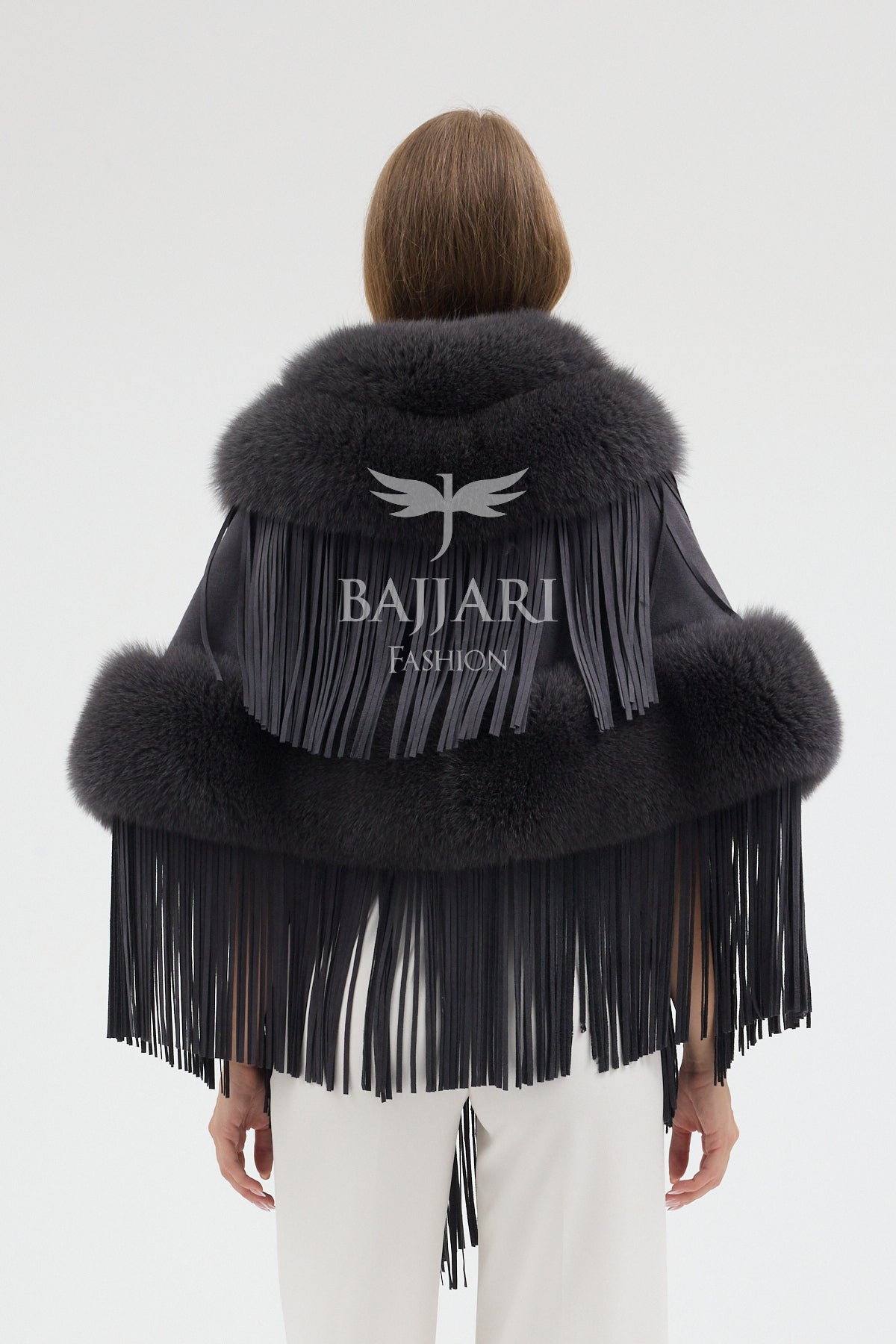 Cashmere Real Fox Fur Embellished Tassel Cape Shawl