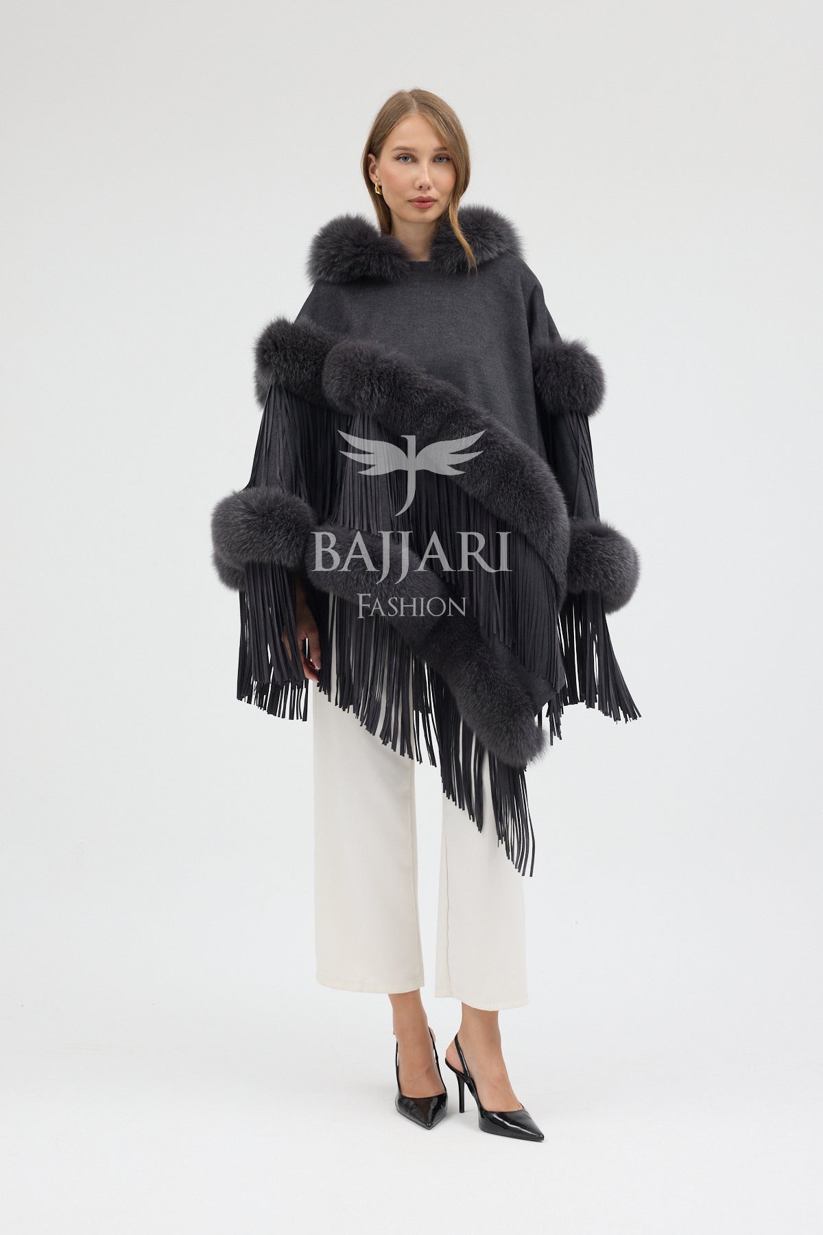 Hooded Cashmere Real Fox Fur Embroidered Tassel Cape Shawl
