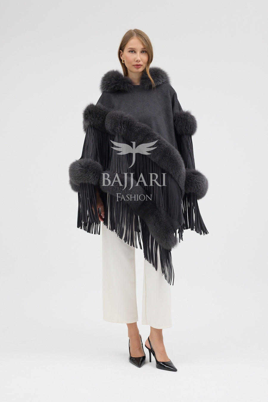 Hooded Cashmere Real Fox Fur Embroidered Tassel Cape Shawl