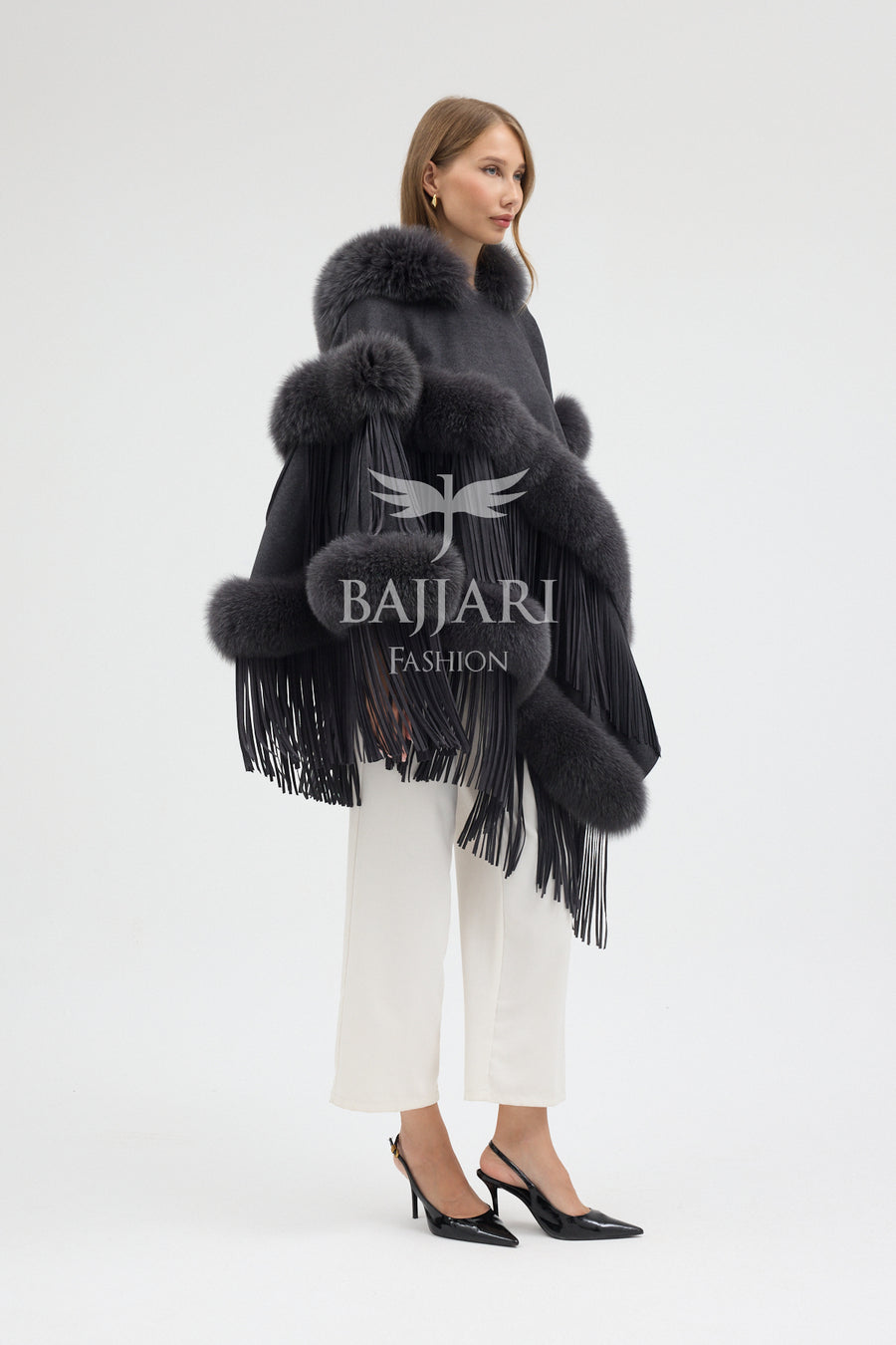 Hooded Cashmere Real Fox Fur Embroidered Tassel Cape Shawl