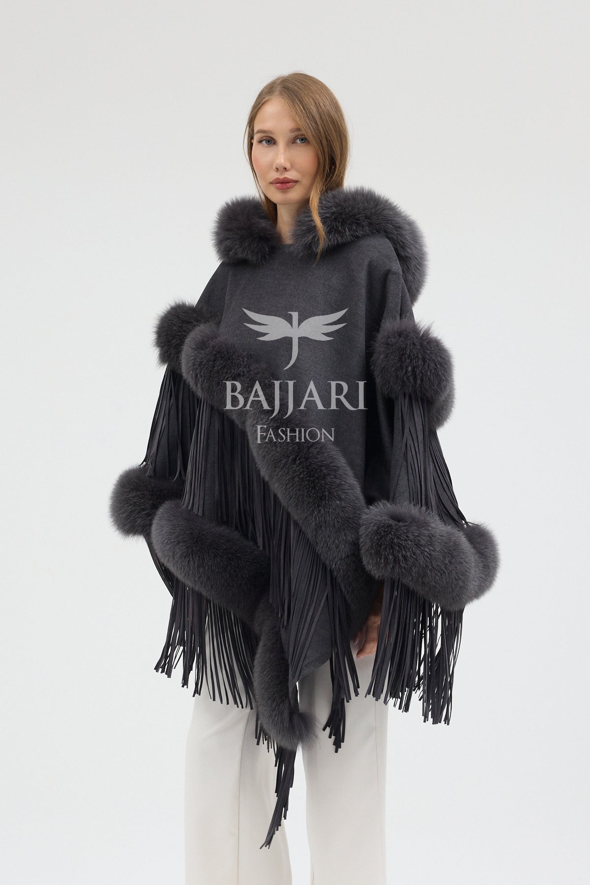 Hooded Cashmere Real Fox Fur Embroidered Tassel Cape Shawl