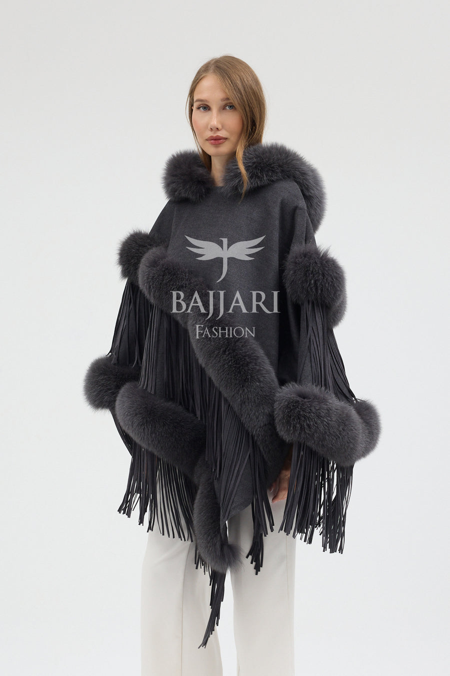 Hooded Cashmere Real Fox Fur Embroidered Tassel Cape Shawl