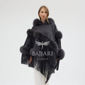 Hooded Cashmere Real Fox Fur Embroidered Tassel Cape Shawl