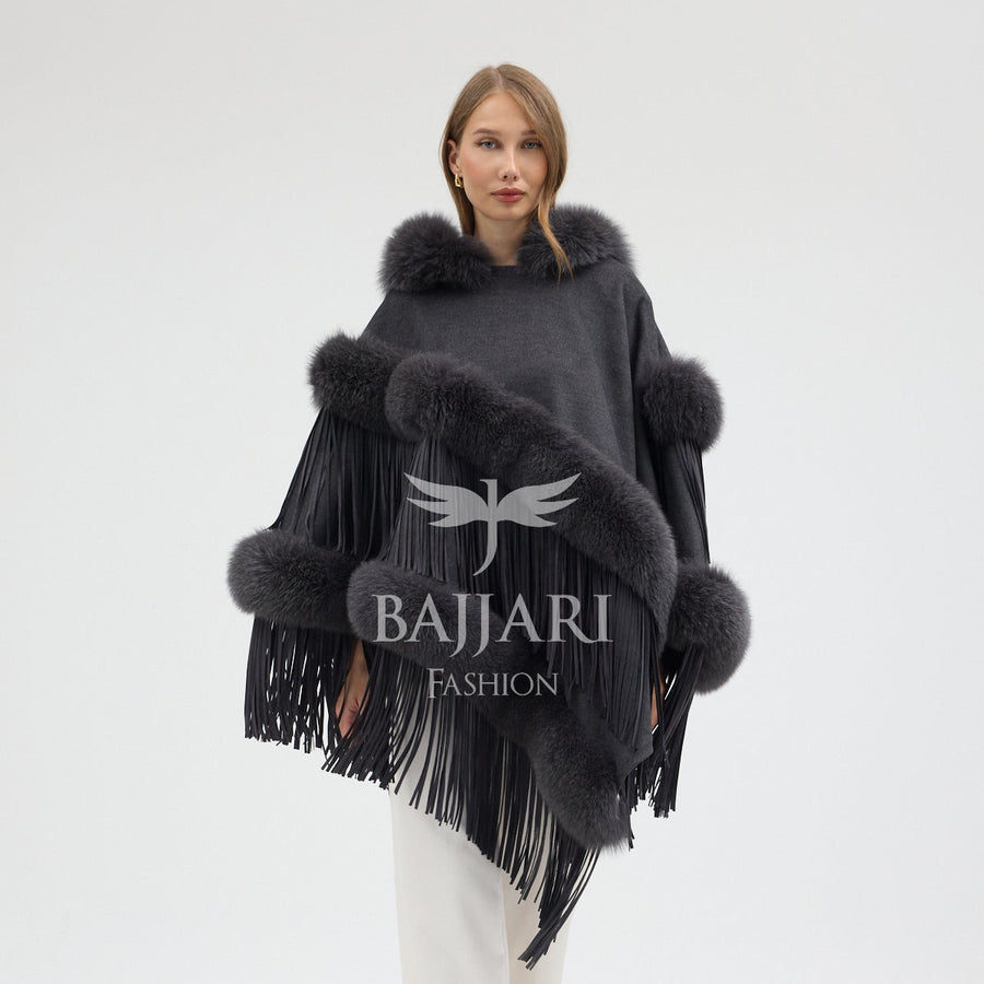 Hooded Cashmere Real Fox Fur Embroidered Tassel Cape Shawl