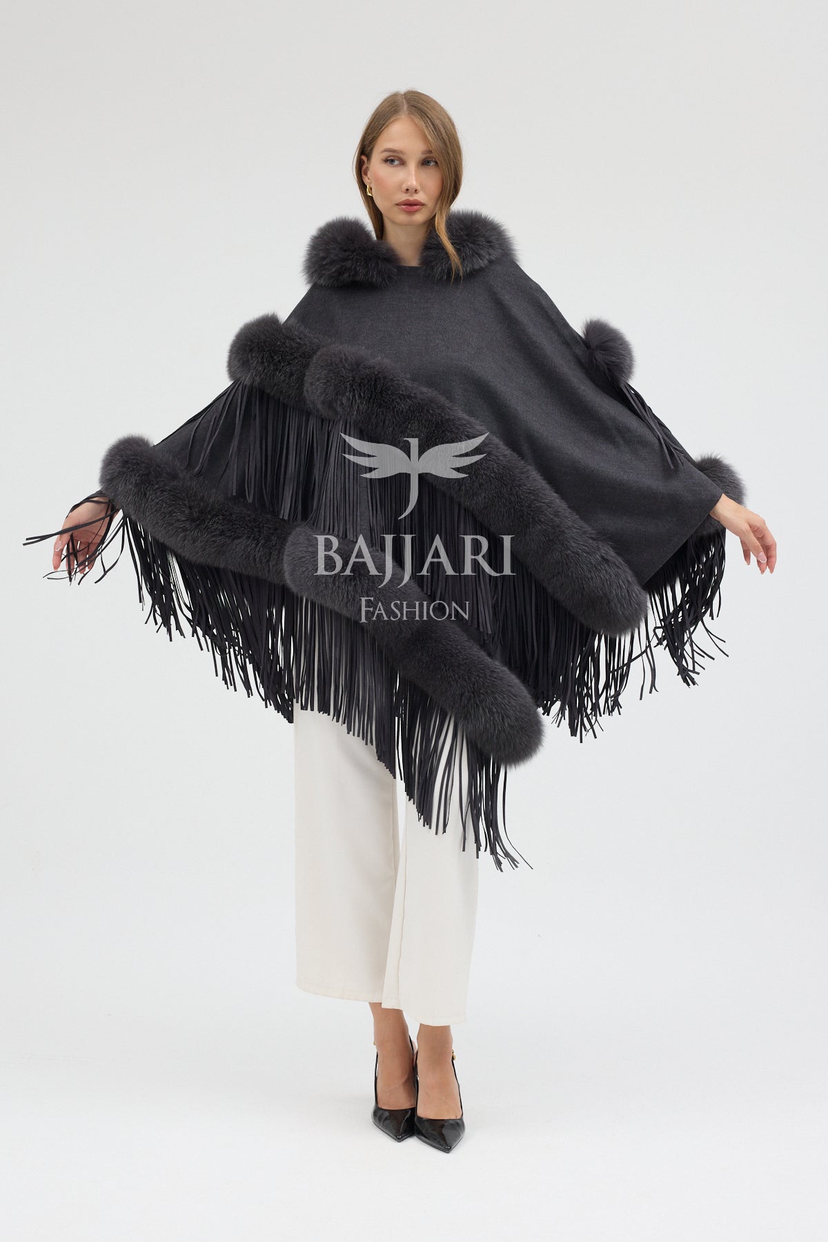 Hooded Cashmere Real Fox Fur Embroidered Tassel Cape Shawl