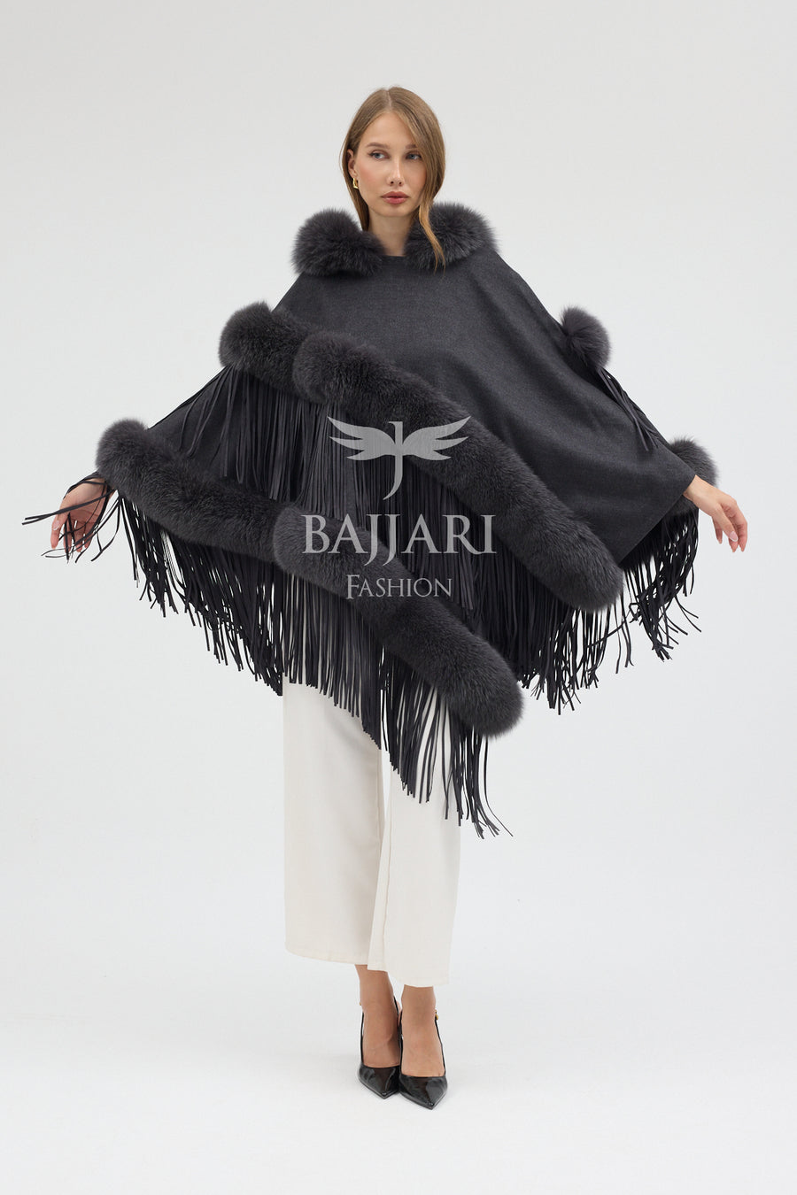 Hooded Cashmere Real Fox Fur Embroidered Tassel Cape Shawl