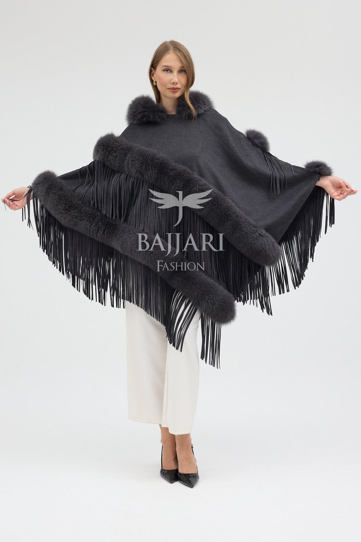 Hooded Cashmere Real Fox Fur Embroidered Tassel Cape Shawl