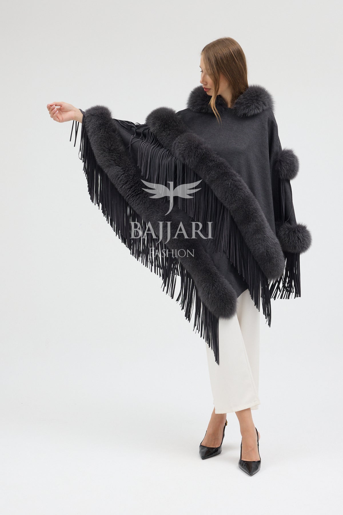 Hooded Cashmere Real Fox Fur Embroidered Tassel Cape Shawl