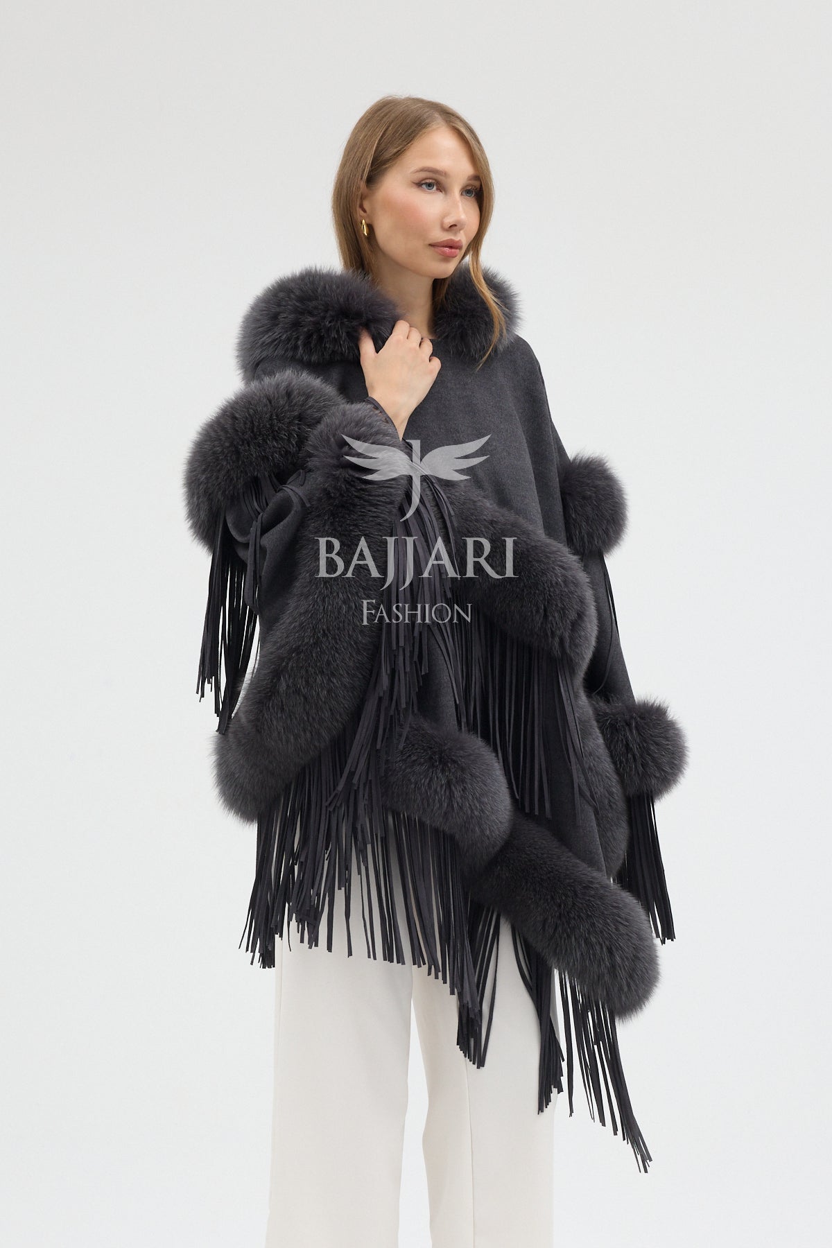 Hooded Cashmere Real Fox Fur Embroidered Tassel Cape Shawl