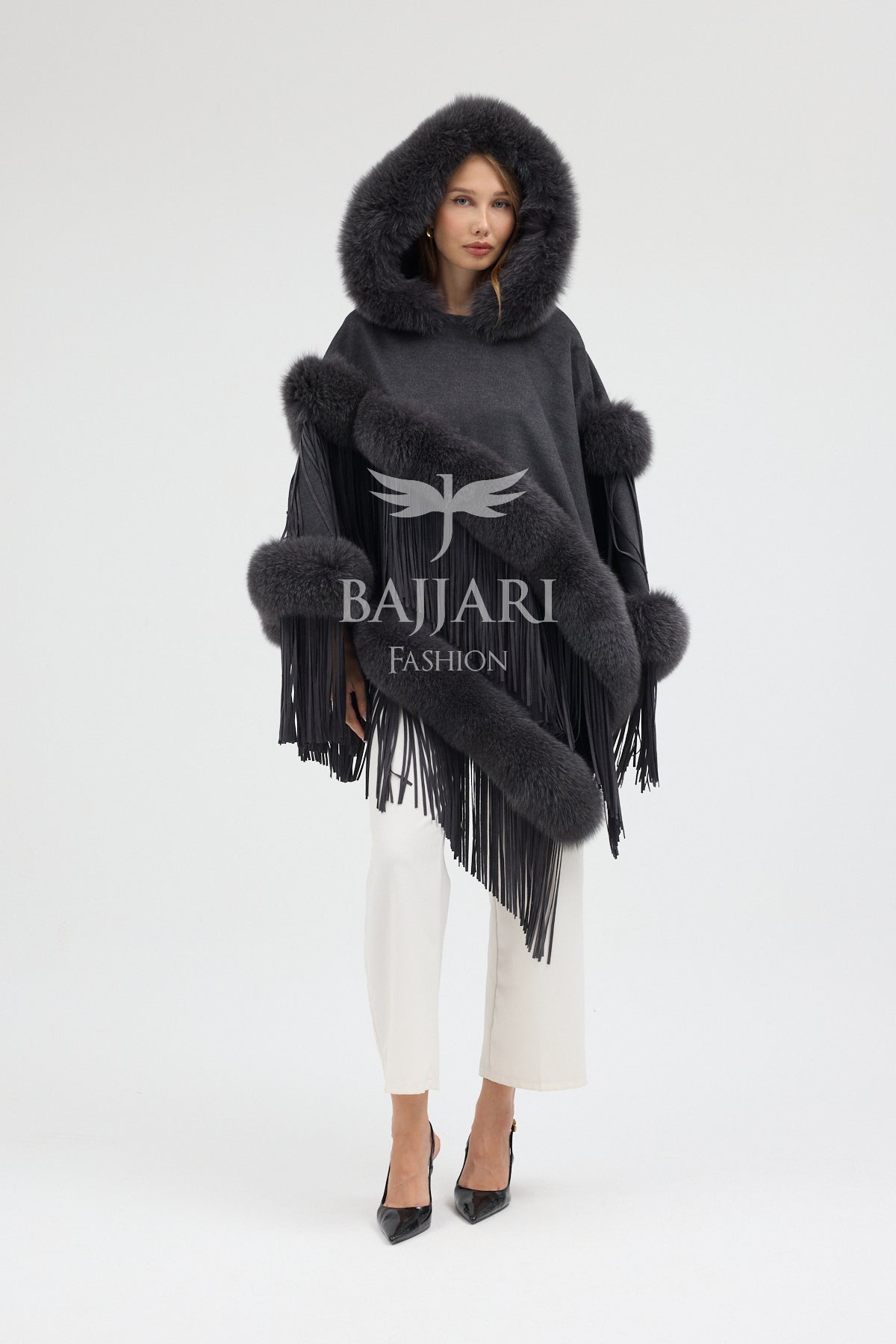 Hooded Cashmere Real Fox Fur Embroidered Tassel Cape Shawl