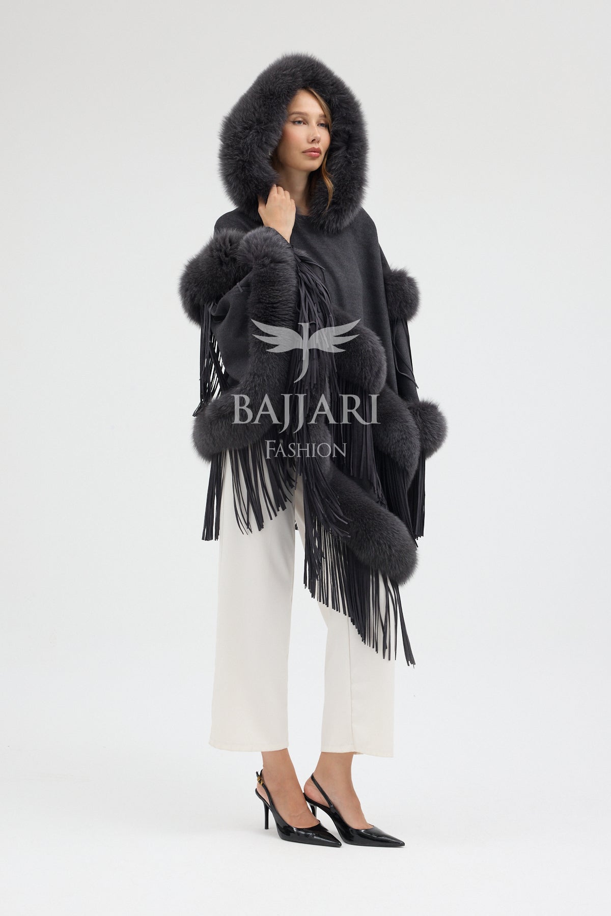 Hooded Cashmere Real Fox Fur Embroidered Tassel Cape Shawl