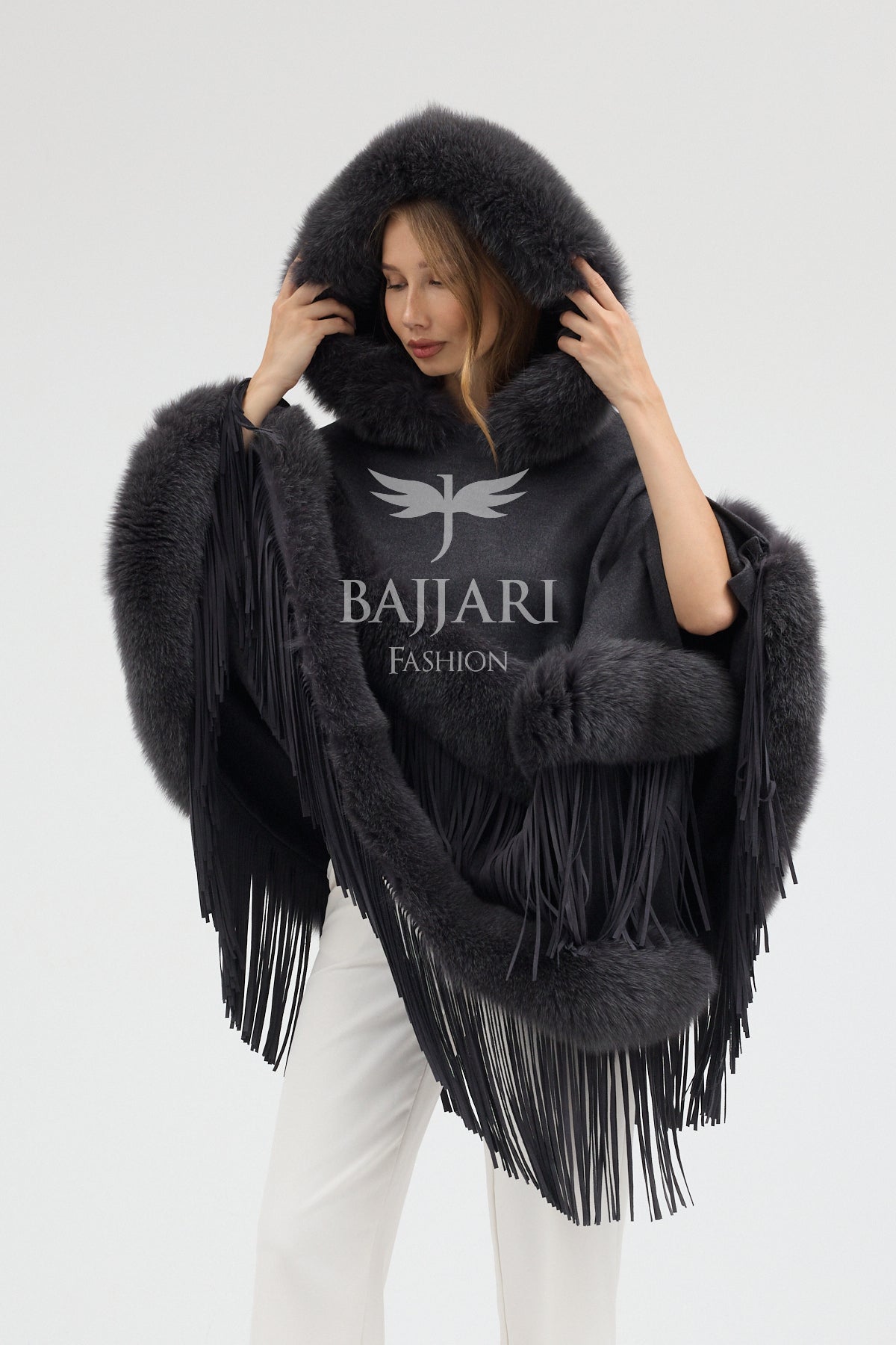 Hooded Cashmere Real Fox Fur Embroidered Tassel Cape Shawl