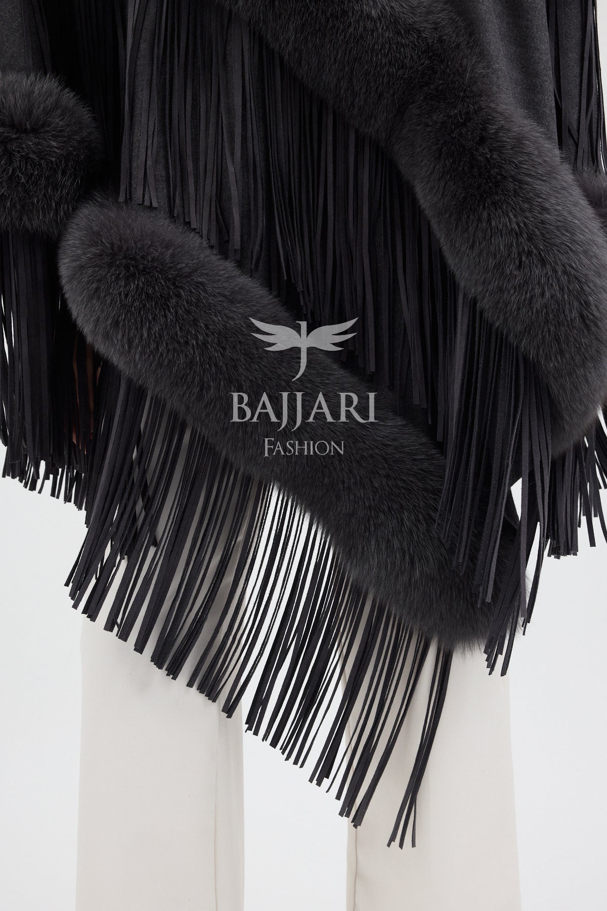 Hooded Cashmere Real Fox Fur Embroidered Tassel Cape Shawl