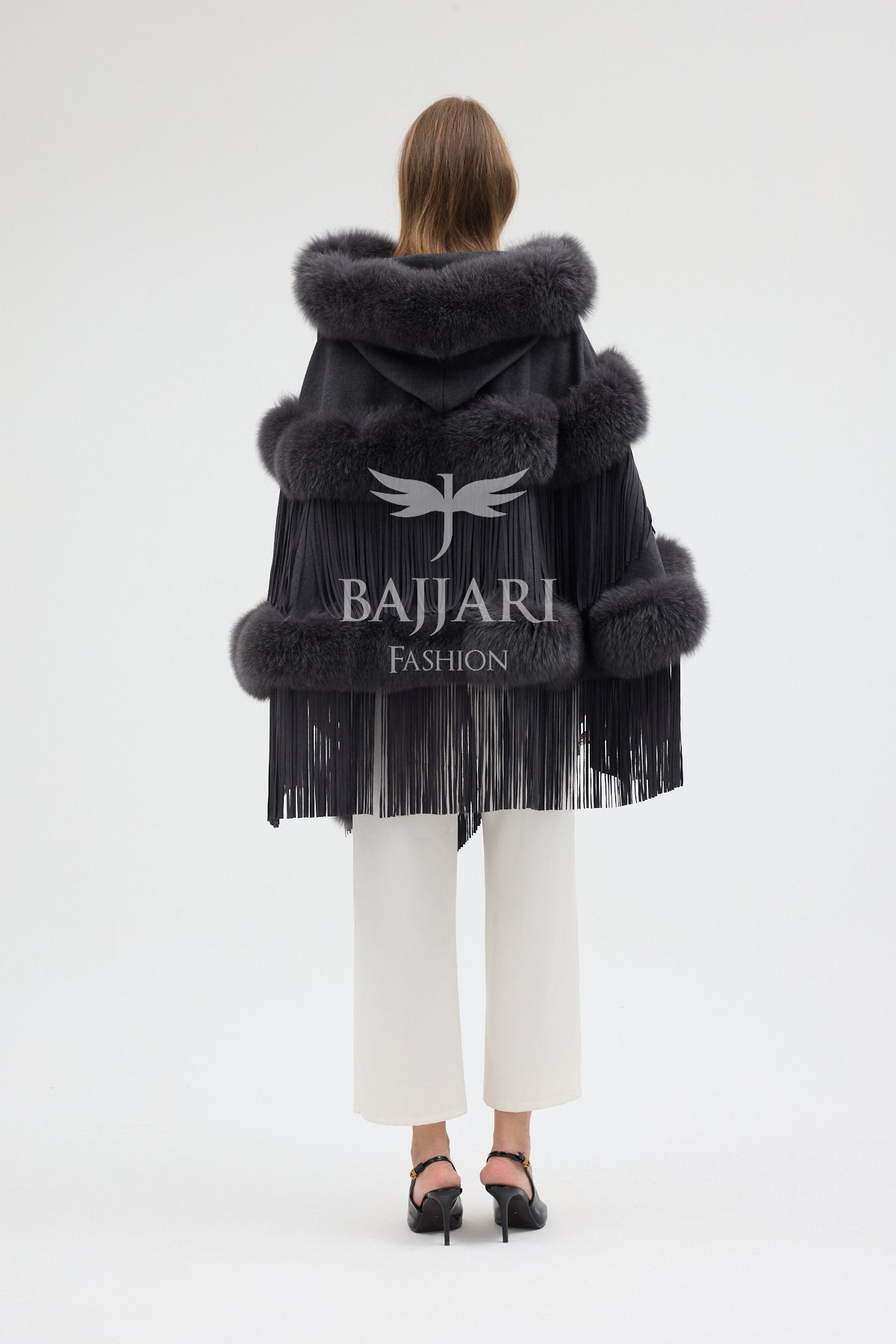 Hooded Cashmere Real Fox Fur Embroidered Tassel Cape Shawl