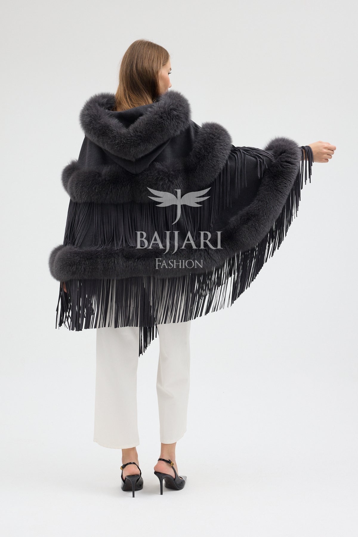 Hooded Cashmere Real Fox Fur Embroidered Tassel Cape Shawl