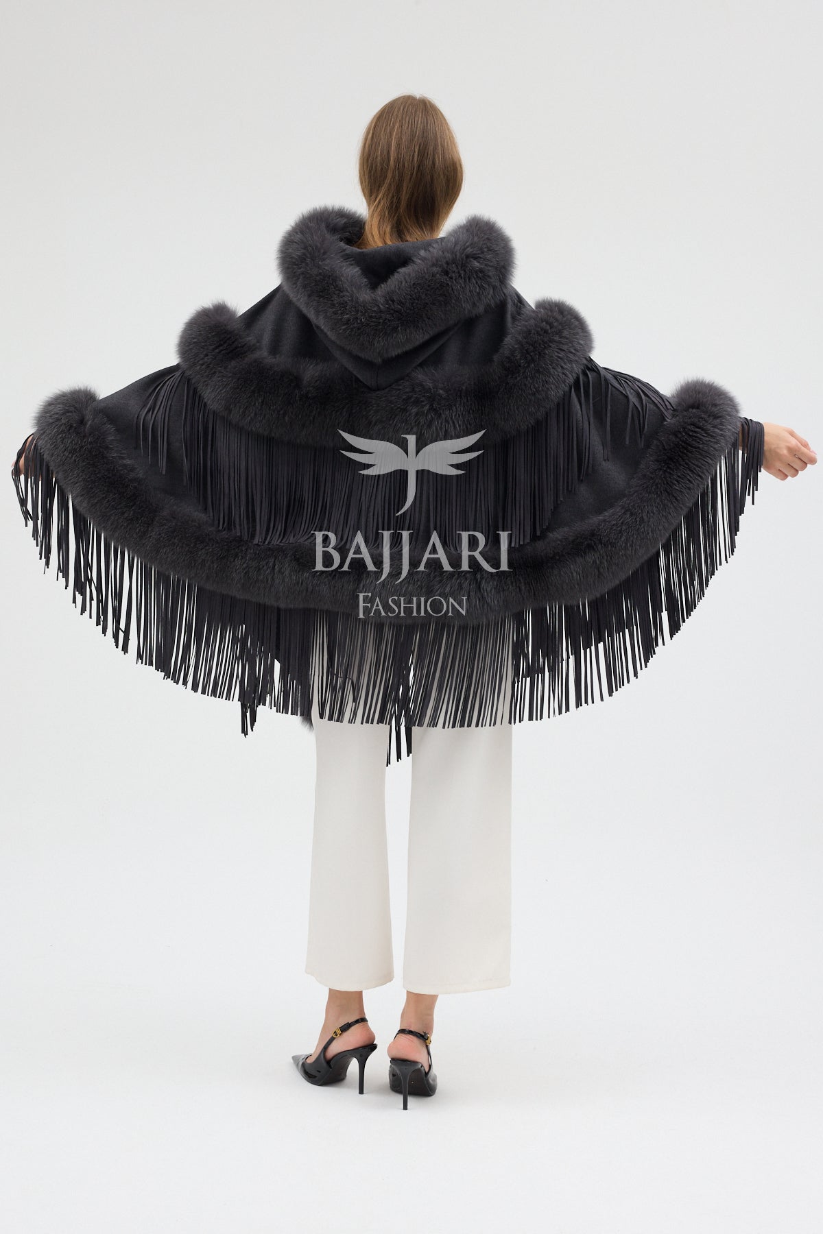 Hooded Cashmere Real Fox Fur Embroidered Tassel Cape Shawl