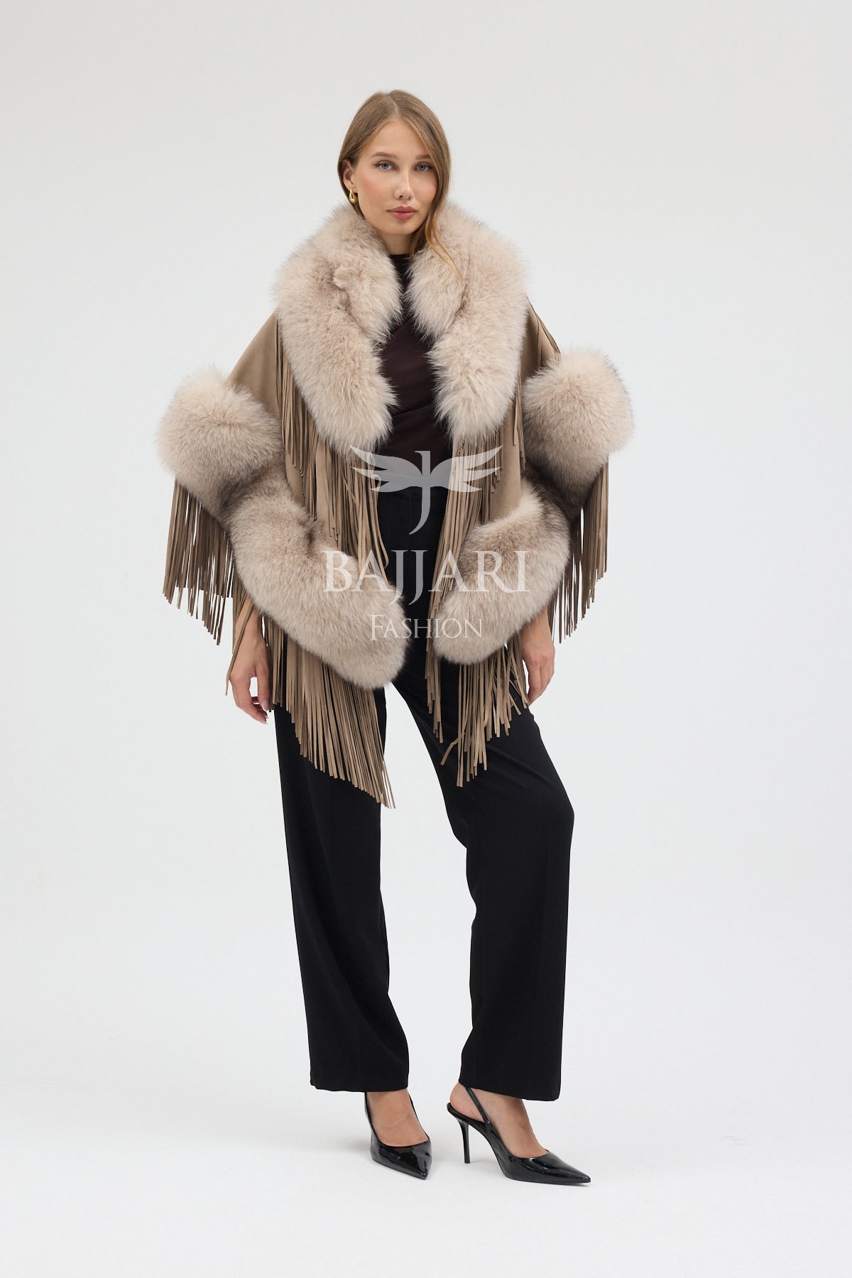 Beige Suede Fabric Real Fox Fur Embellished Tassel Cape Shawl
