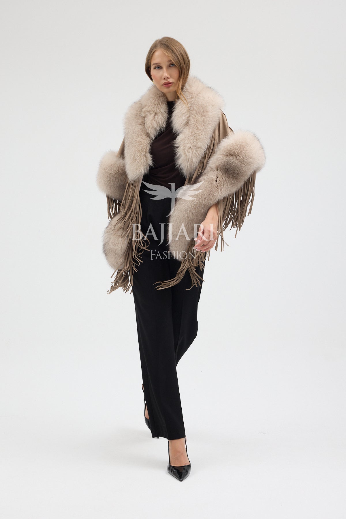 Beige Suede Fabric Real Fox Fur Embellished Tassel Cape Shawl