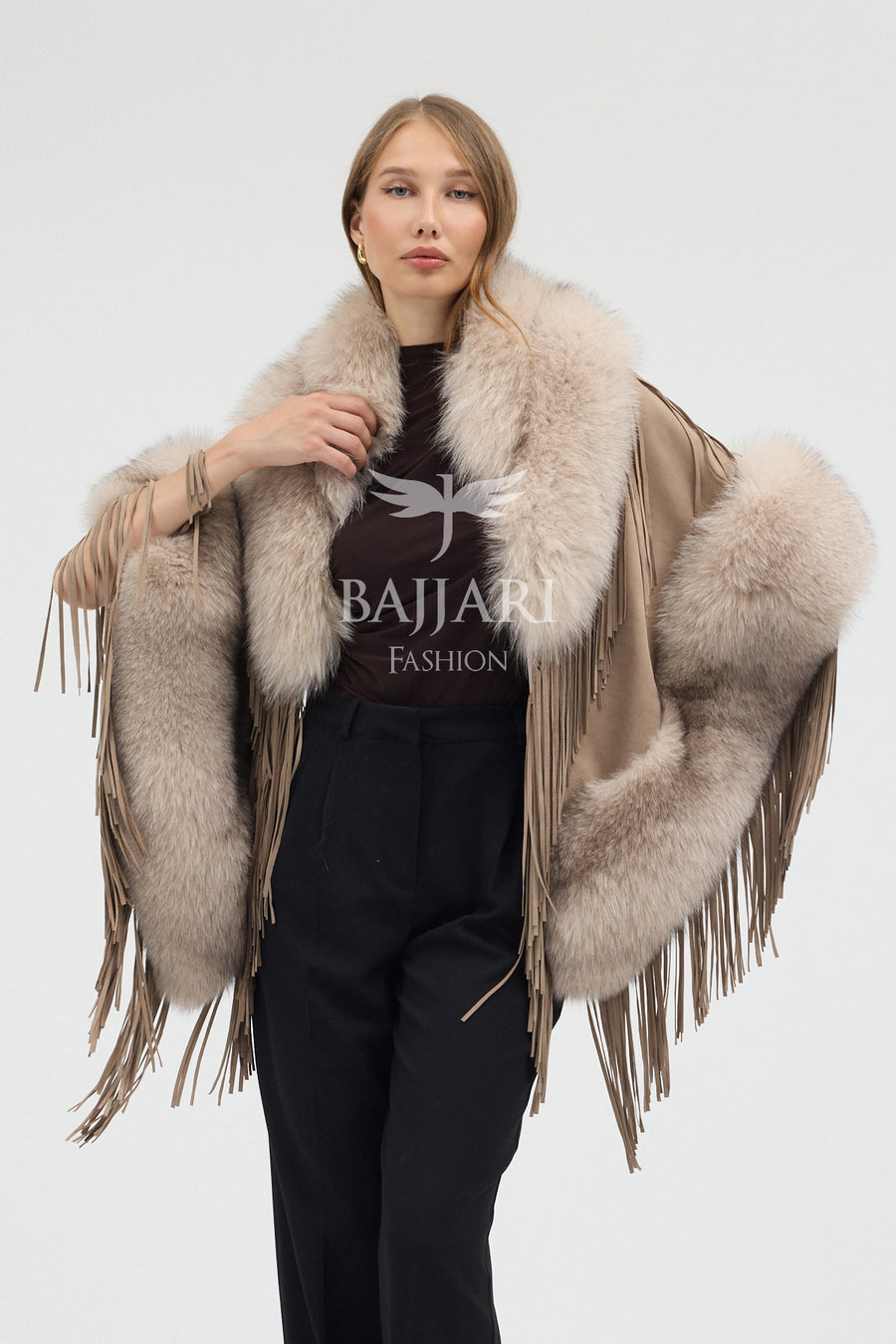 Beige Suede Fabric Real Fox Fur Embellished Tassel Cape Shawl