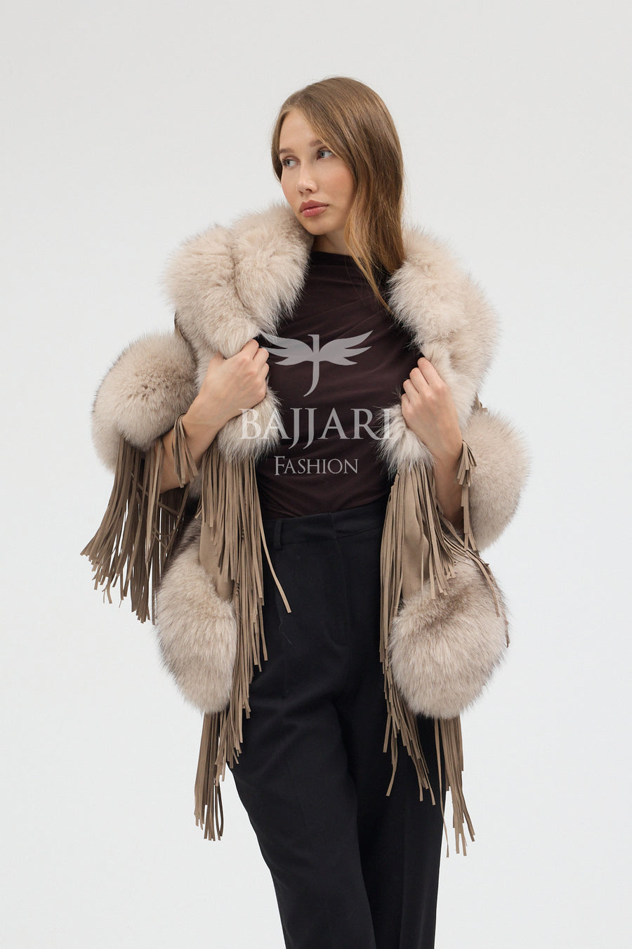 Beige Suede Fabric Real Fox Fur Embellished Tassel Cape Shawl