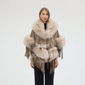 Beige Suede Fabric Real Fox Fur Embellished Tassel Cape Shawl