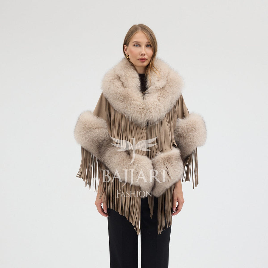 Beige Suede Fabric Real Fox Fur Embellished Tassel Cape Shawl