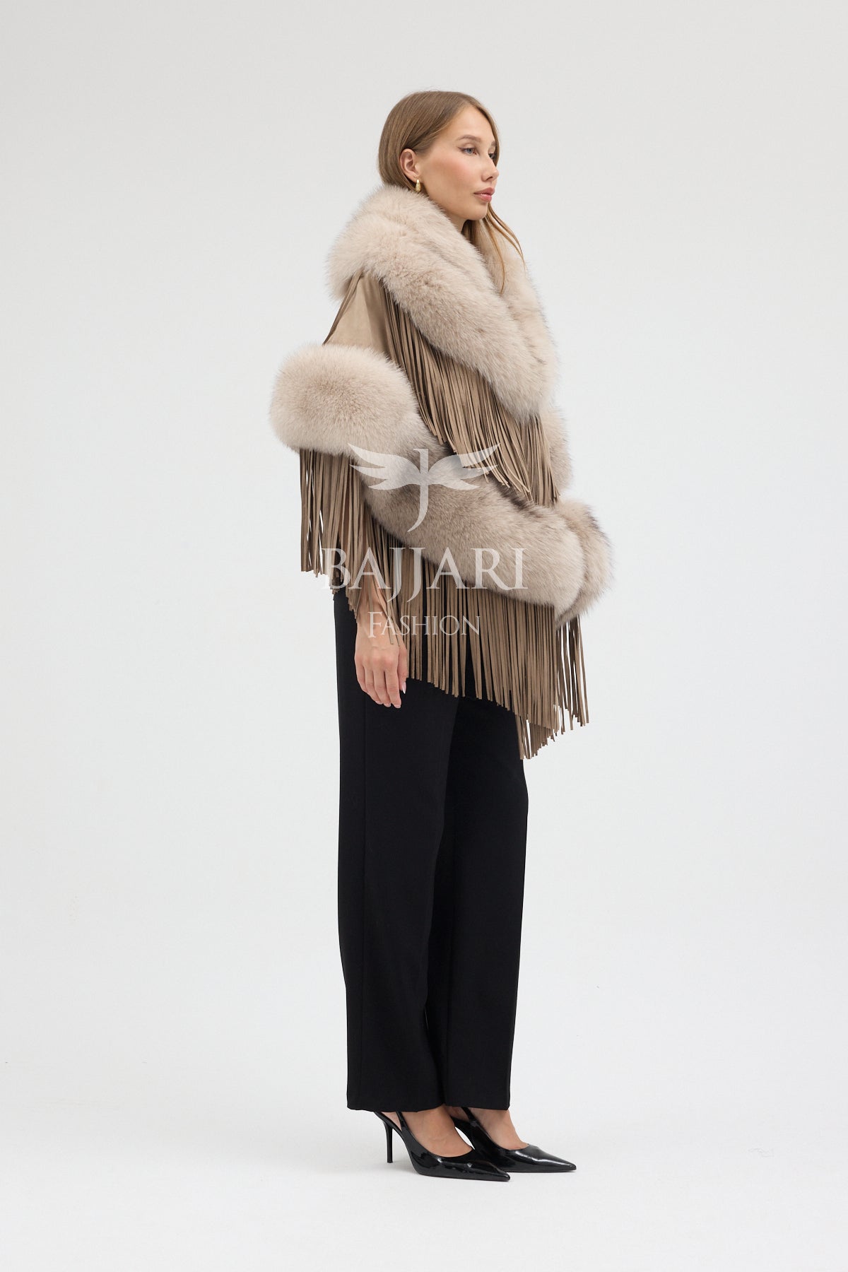 Beige Suede Fabric Real Fox Fur Embellished Tassel Cape Shawl