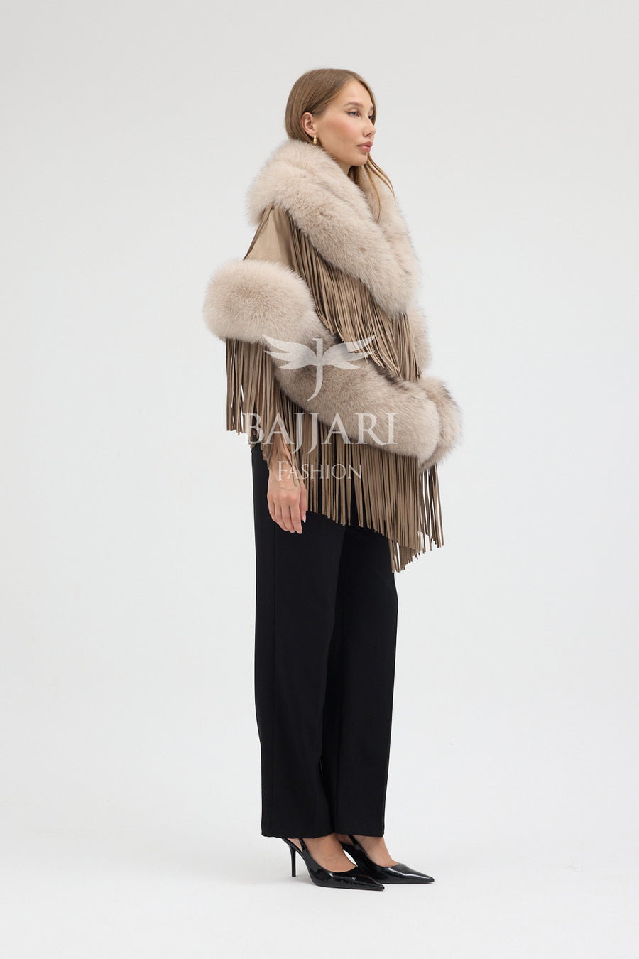 Beige Suede Fabric Real Fox Fur Embellished Tassel Cape Shawl