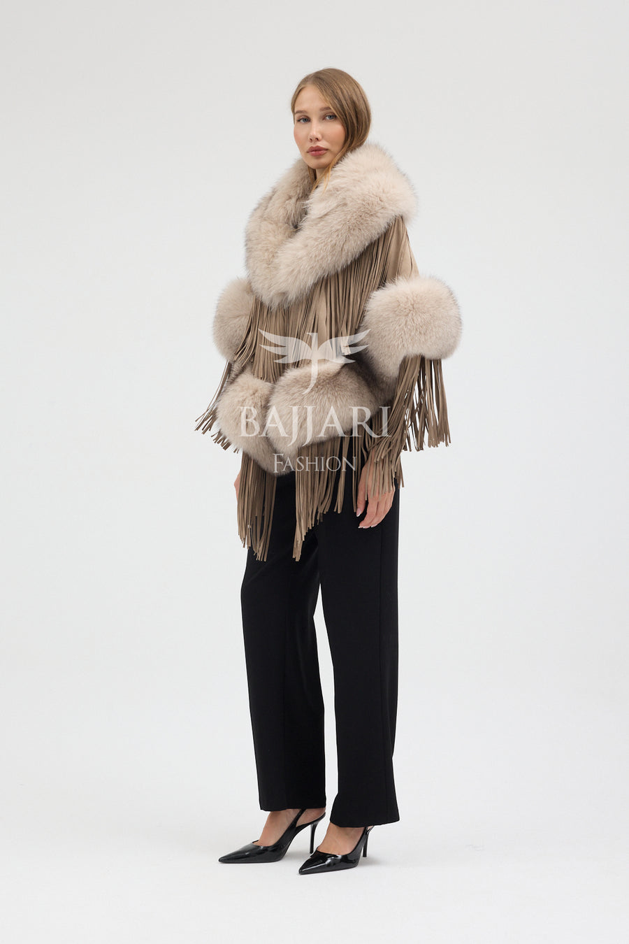 Beige Suede Fabric Real Fox Fur Embellished Tassel Cape Shawl