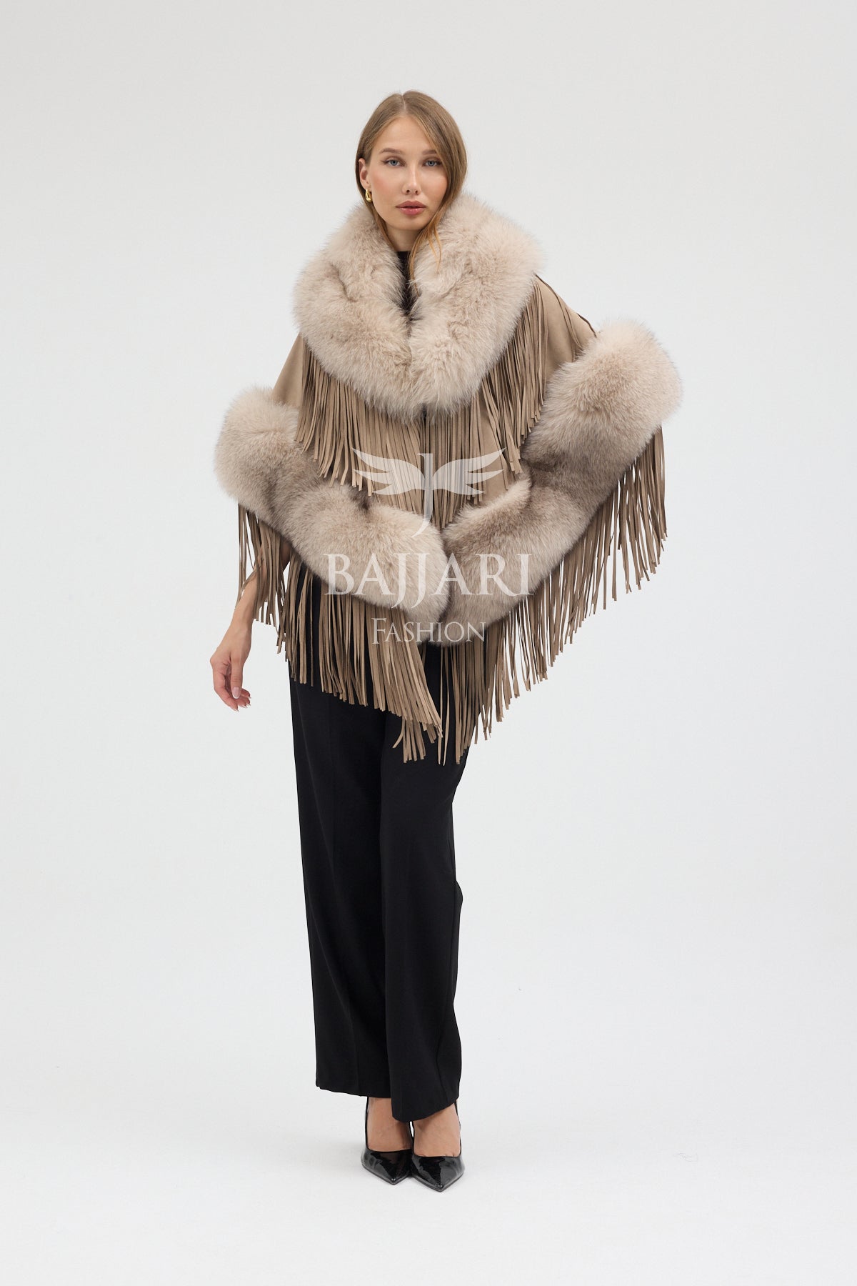 Beige Suede Fabric Real Fox Fur Embellished Tassel Cape Shawl