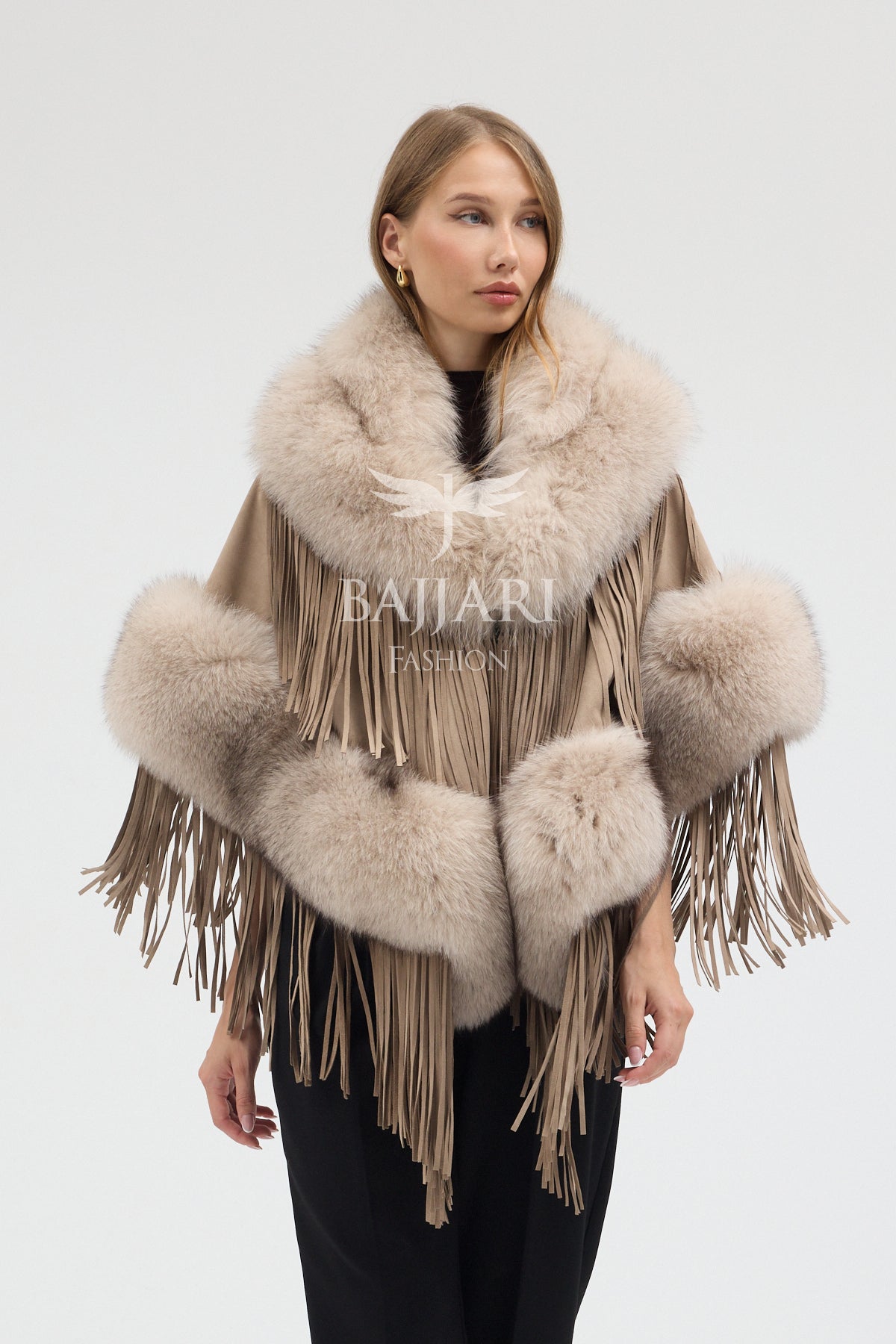Beige Suede Fabric Real Fox Fur Embellished Tassel Cape Shawl