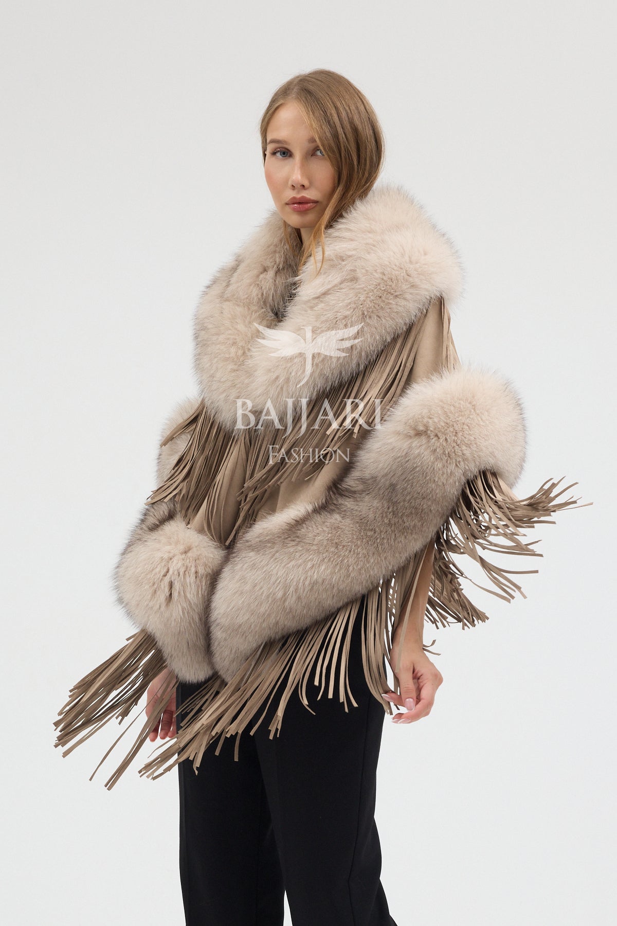 Beige Suede Fabric Real Fox Fur Embellished Tassel Cape Shawl