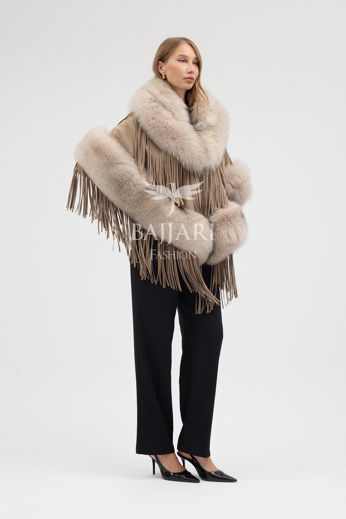 Beige Suede Fabric Real Fox Fur Embellished Tassel Cape Shawl