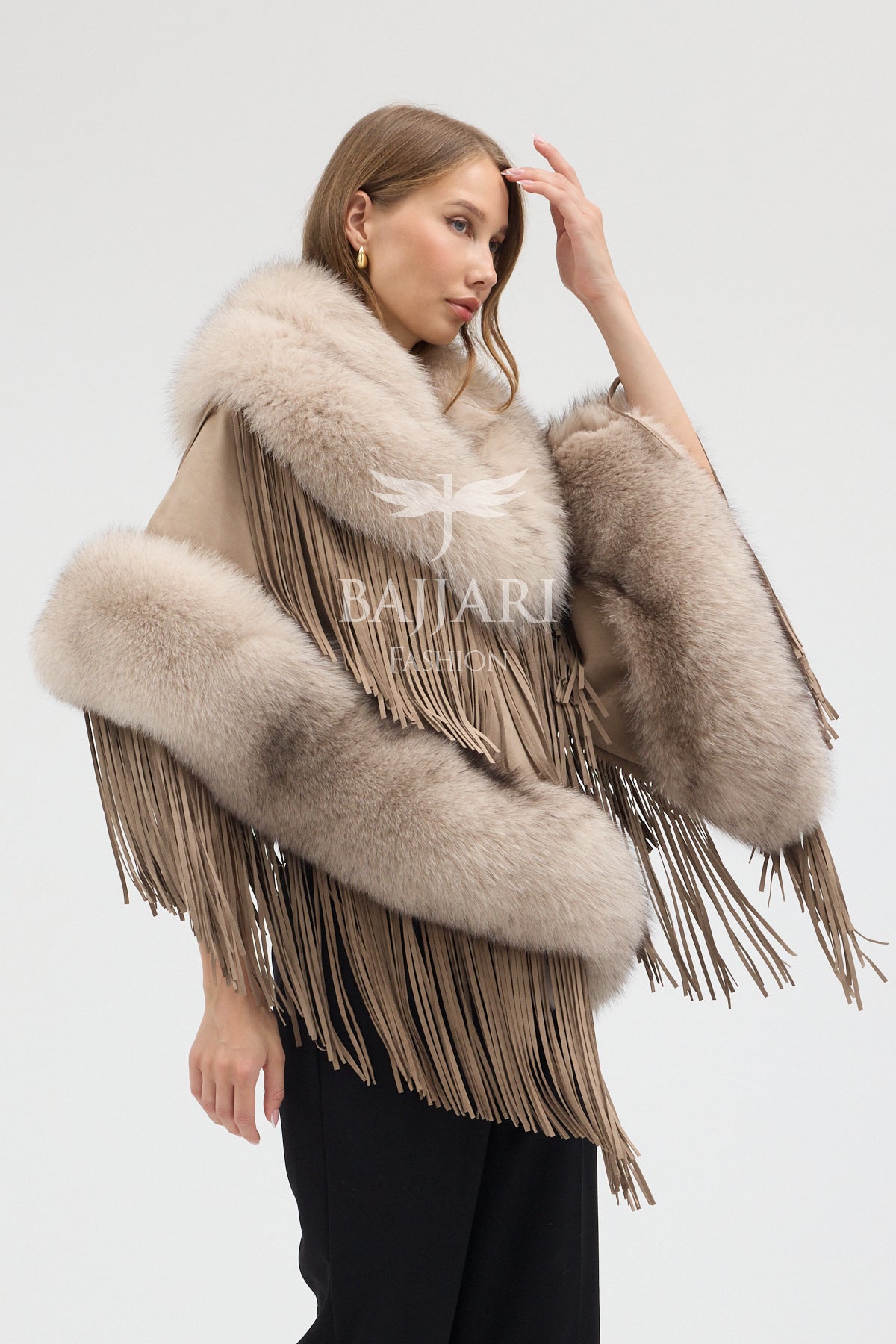 Beige Suede Fabric Real Fox Fur Embellished Tassel Cape Shawl