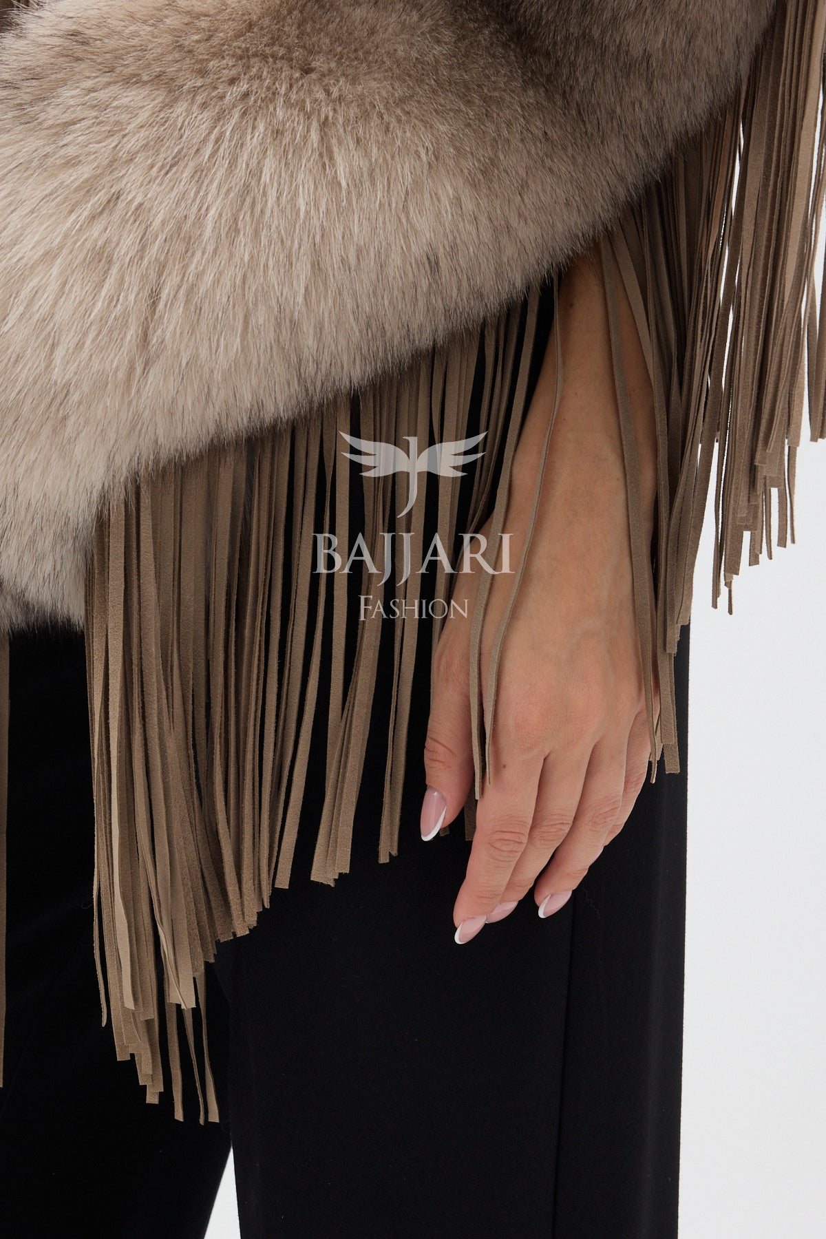 Beige Suede Fabric Real Fox Fur Embellished Tassel Cape Shawl